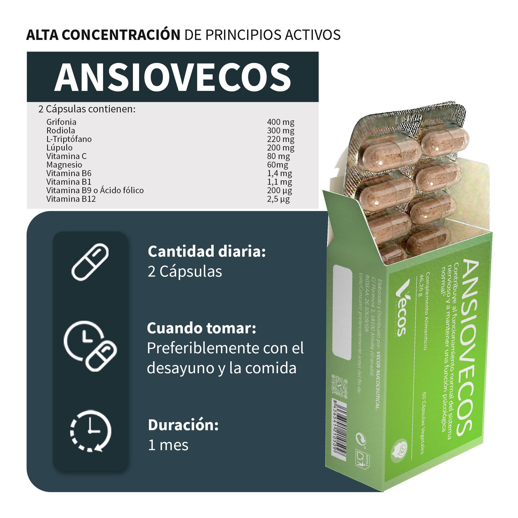 Ansiovecos con L-Triptofano | Contribuye a Regular Estrés, Ansiedad y Sueño | Contiene vitaminas B1, B6 y C, Ácido Fólico, Magnesio y Extractos de Grifonia y Rodiola | Suplemento Alimenticio