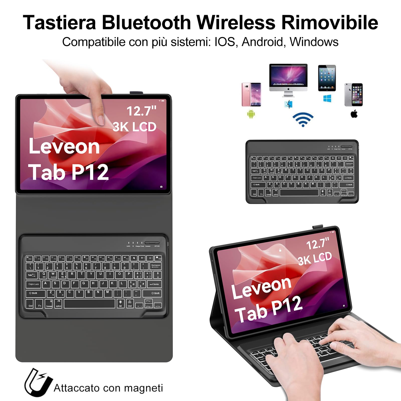 Occtingkind Tastiera Retroilluminata per Lenovo Tab P12 2023 - Custodia con Tastiera Bluetooth Multicolore per Lenovo Tab P12 TB370FU, Layout Italiano, USB C, Senza Touchpad, Nero