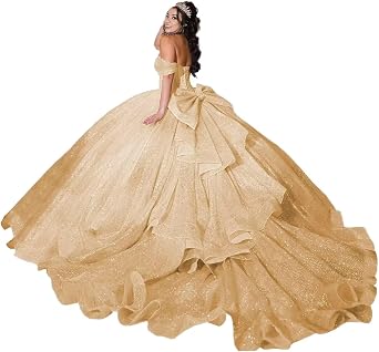 Tulle Quinceanera Dresses Off Shoulder Ball Gown with Bow Sparkly Sweet 16 Dress