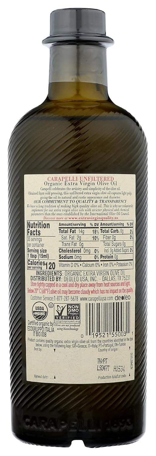 Carapelli Organic Unfiltered Extra Virgin Olive Oil, Cold Pressed, 500 ML (Pack Of 6)