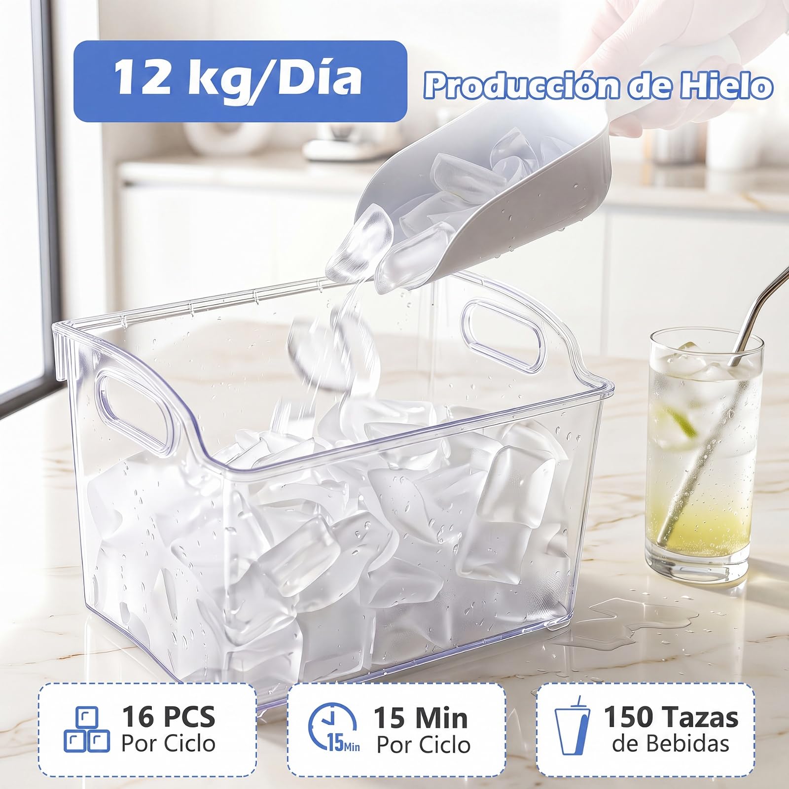 COSTWAY Máquina de Hielo de Sobremesa, 12 kg/Día, 16 Cubitos en 15 Minutos | Maquina de Hacer Hielo con Grosor Ajustable,Autolimpieza,Panel de Control, Pala y Cesta, Casa/Cocina/Oficina/Bar