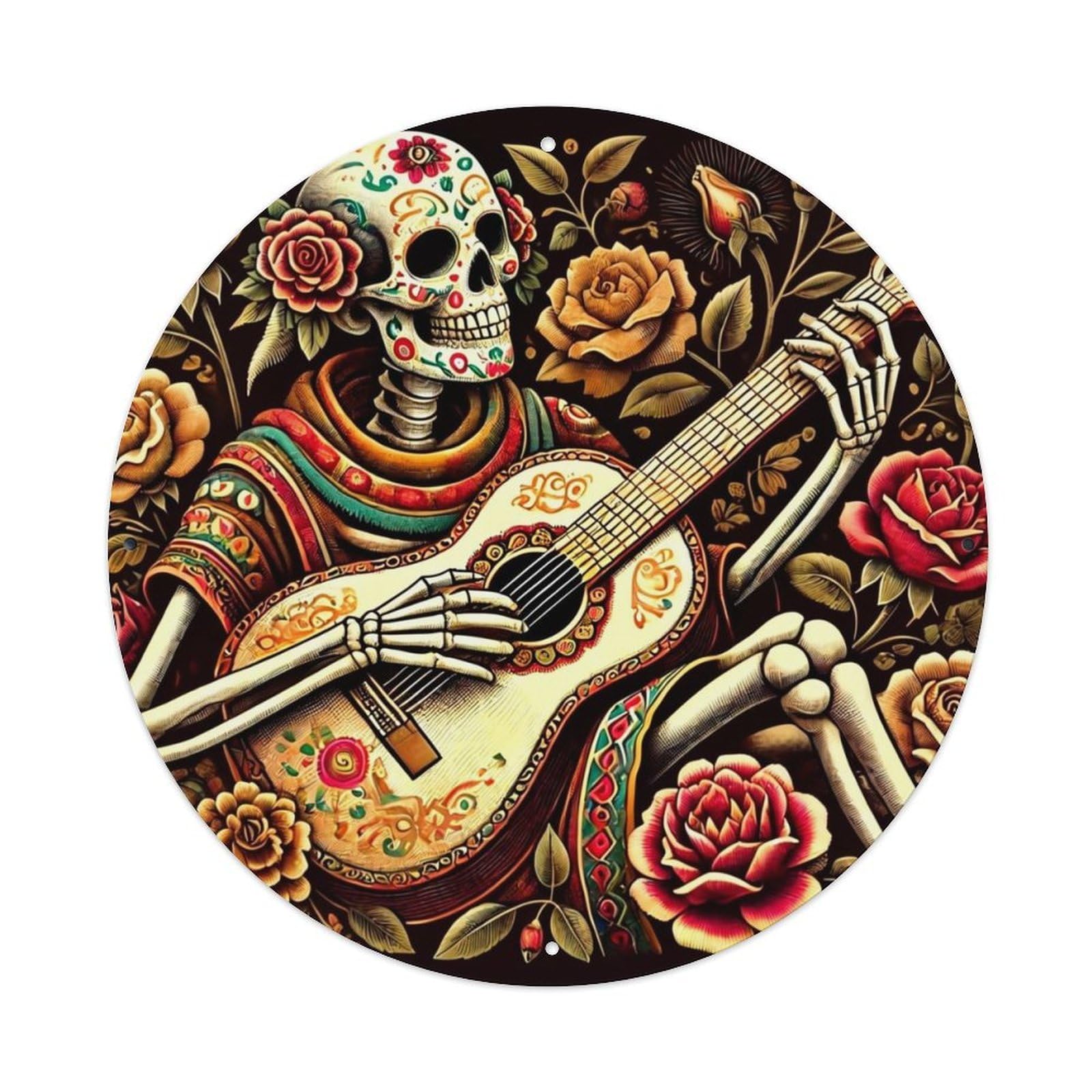 Skeleton Playing Guitar With Roses Tin Sign Metal Poster Vintage Metal Signs for Home Man Cave Bar Cafe Kitchen laundry room Wall Decorations 8x8 inches