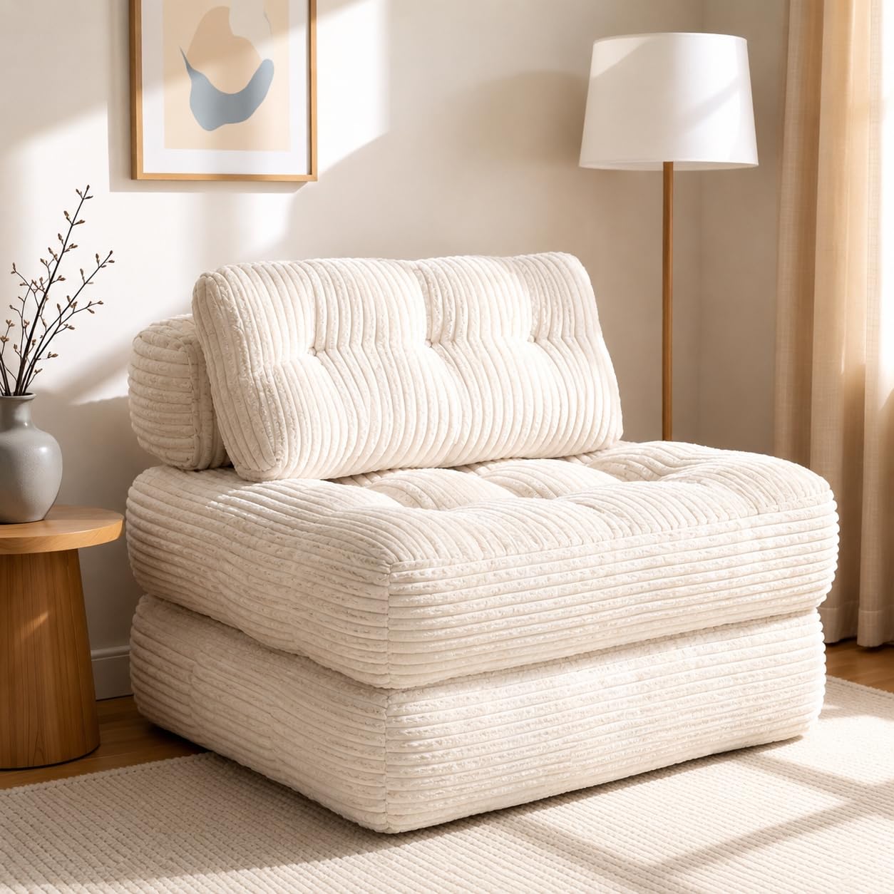 Claiks Chair Bed Single Sofa Bed with Pillow, Corduroy, Beige