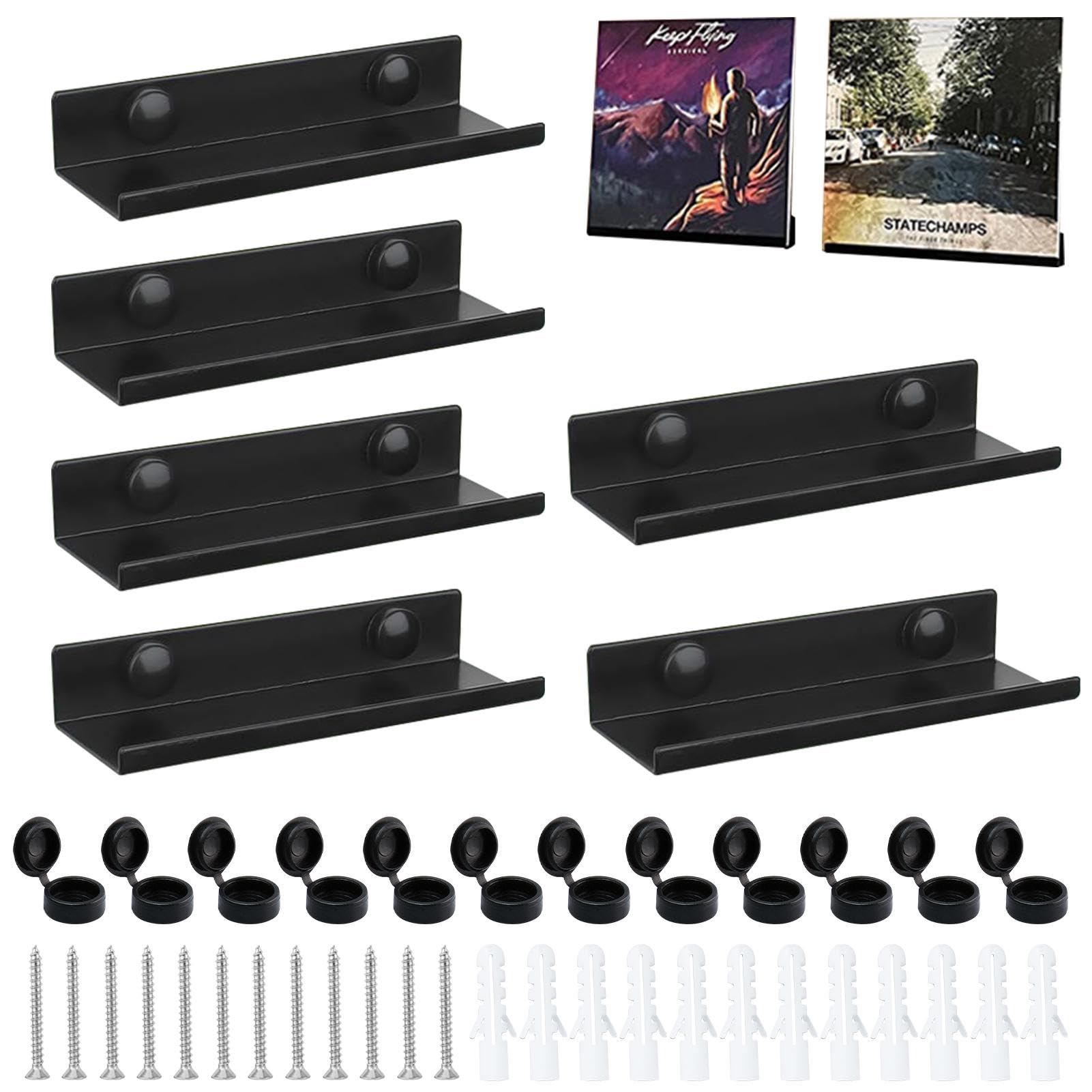 Vinyl Wall Mount 6 Pack, Metal Vinyl Shelves Holder Display Record Wall Mount Stand for Albums LP Minimalist Record Storage Stand Set for CD Book Photo Picture Display in Office Home Store (Black )