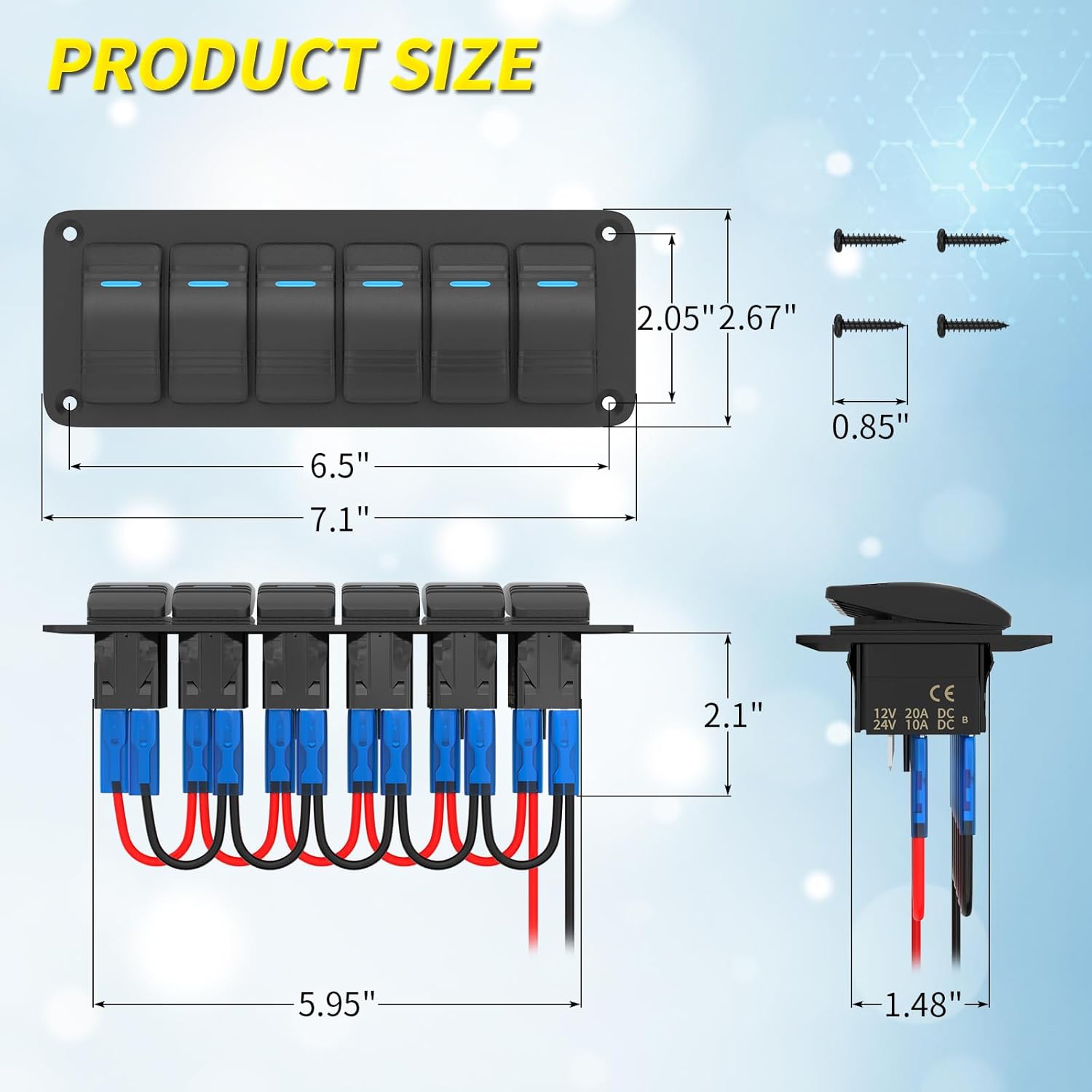 Joinfworld 6 Gang Rocker Switch Panel 12V Marine Boat Switch Panel Waterproof 12 Volt Blue LED Light Toggle Switch Panel ON Off with Pre-Wired for Boat Automotive Car Truck RV UTV