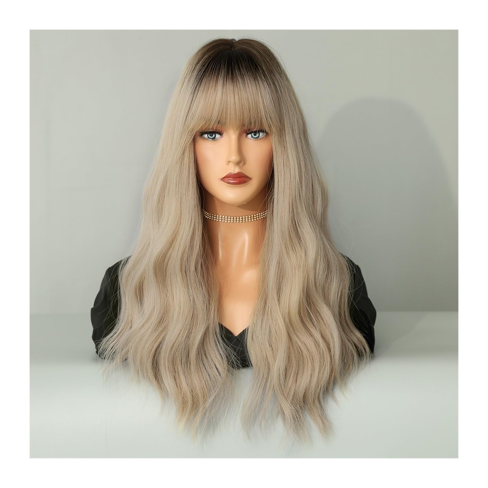 Perruque blonde longue ondulée avec frange : volume naturel immédiat