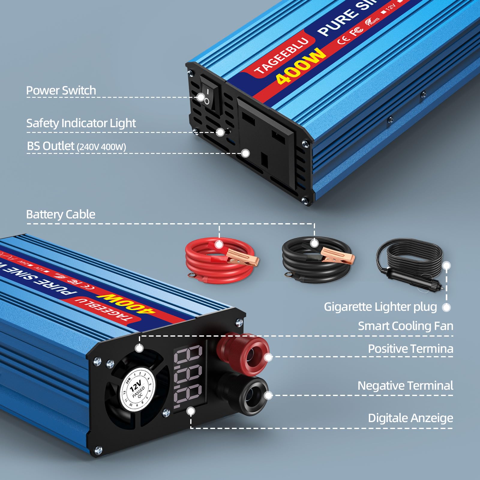 Pure Sine Wave Power Inverter 400w DC 12V to AC 240V Voltage Converter with AC Outlets,digital display,and safety switch,for Motorhomes,Trucks,Boats,Camping,800W Peak Power - 5