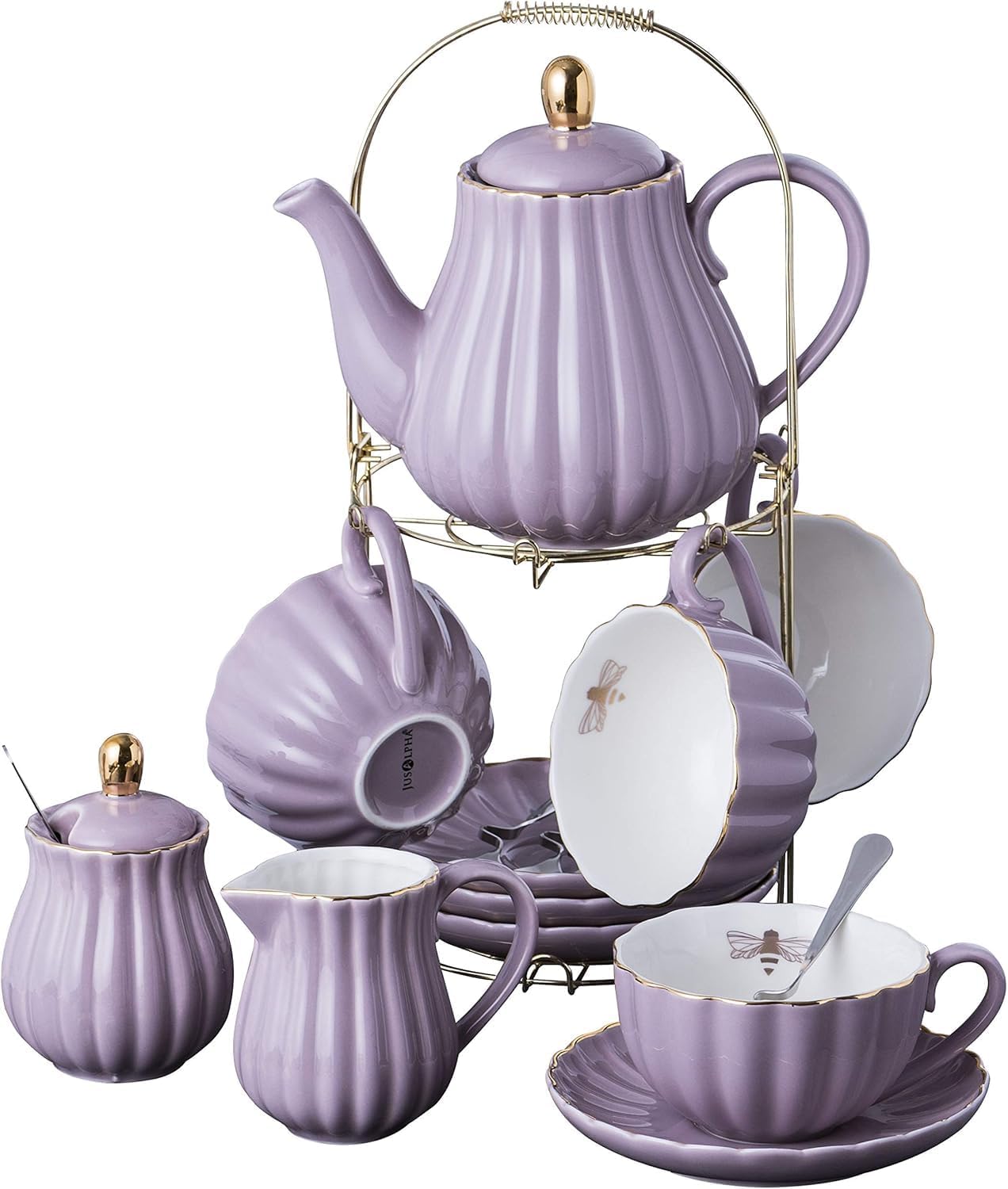 Jusalpha Fine China 8 OZ Purple Coffee Cup/Teacup, Saucer, Spoons, Teapot and Creamer Set, 17-Pieces (FD-TW17PC Set, Purple)