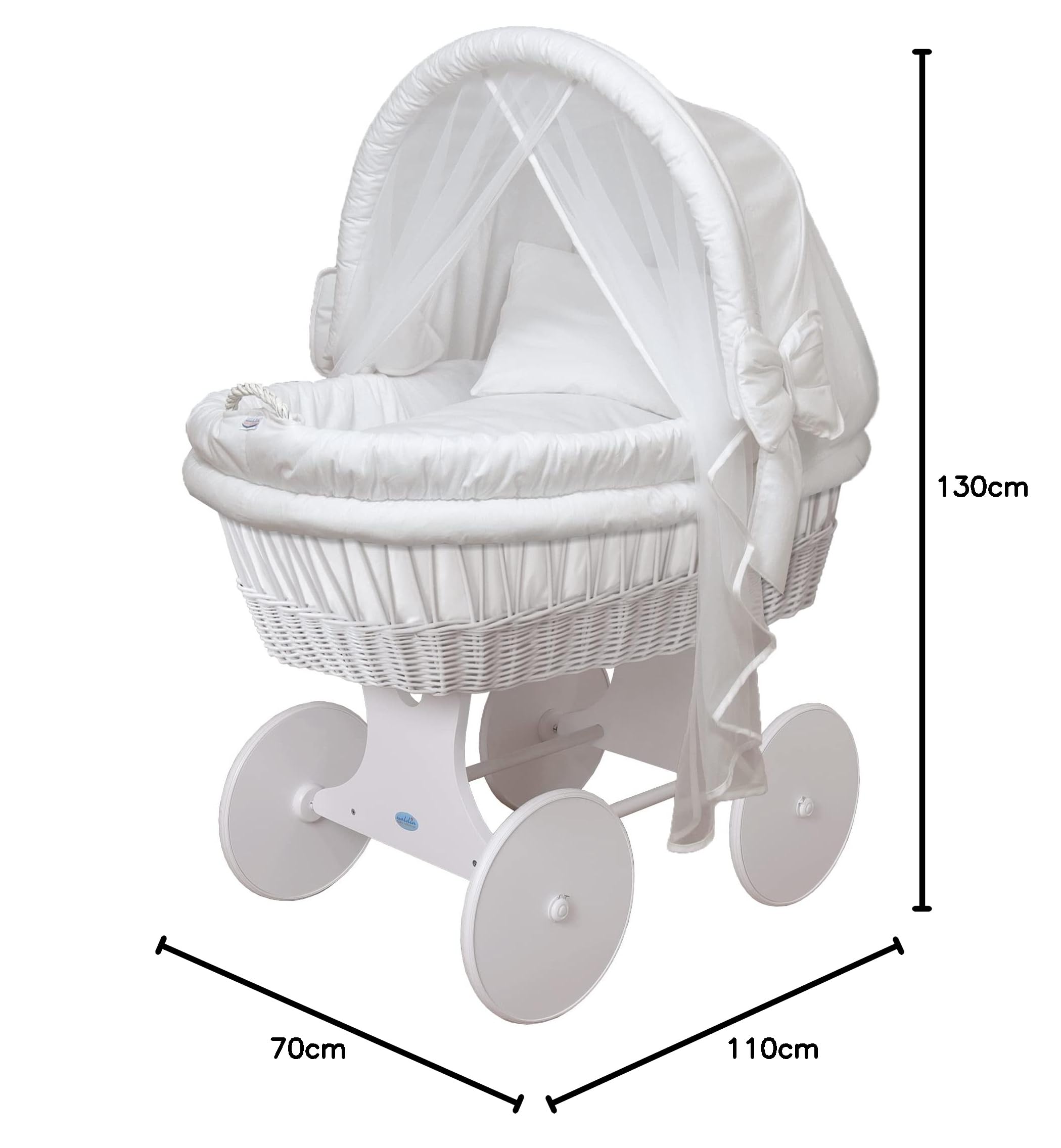 WALDIN Cuna Moisés, Carretilla portabebés XXL, 54 Modelos a Elegir, Madera/Ruedas Lacado en Blanco, Color Textil Blanco