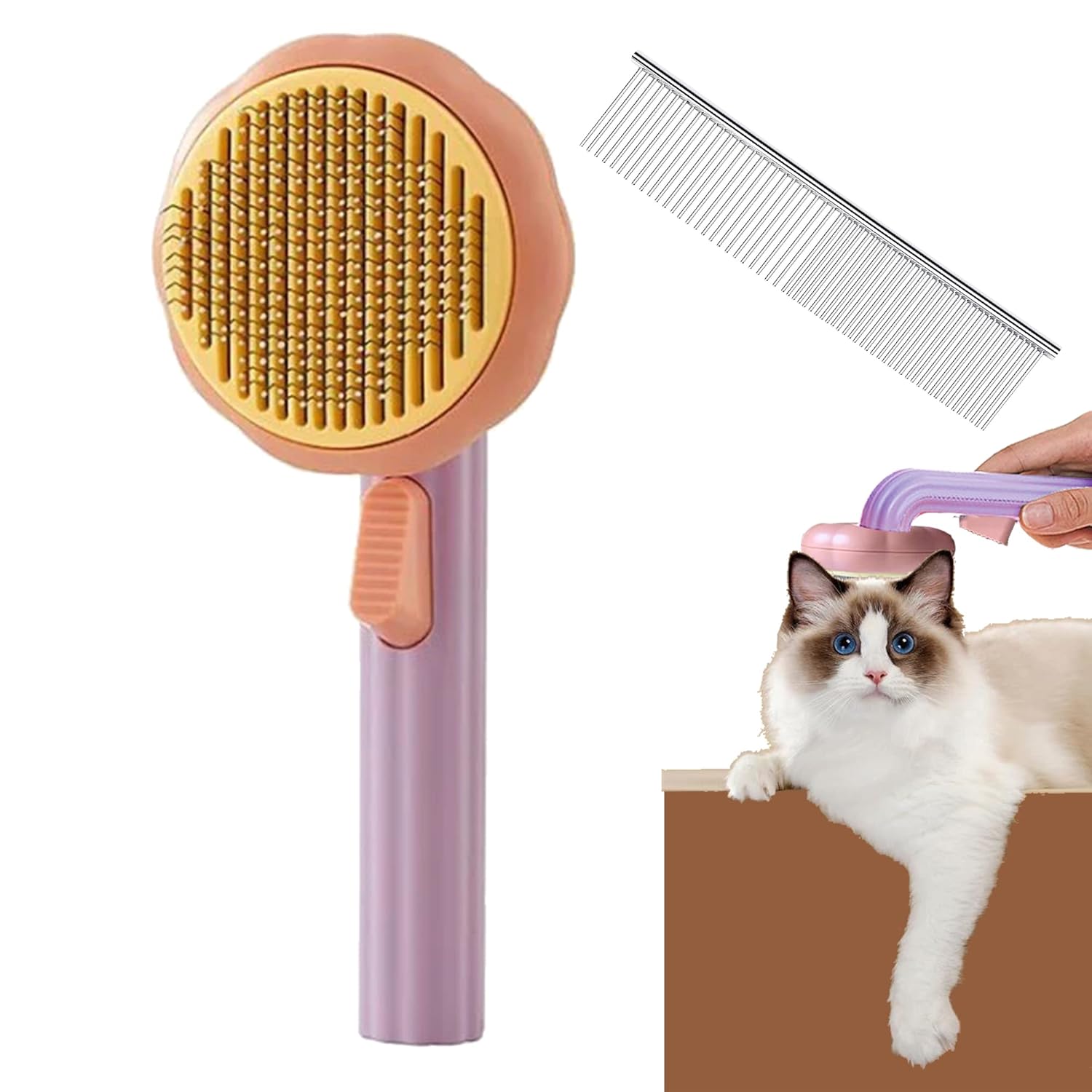 Pet hair brush, Cat grooming brush Dog hair brush pet grooming self cleaning slicker brush for dogs cats puppy rabbit, Cat brush grooming gently removes loose undercoat (Taro) : Pet Supplies
