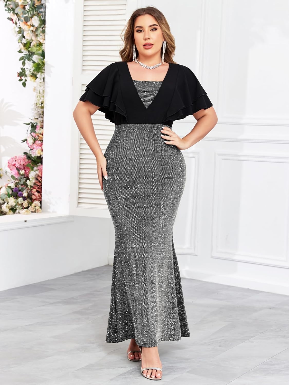 ZOMVA Women's Plus Size Sparkly Maxi Dress Ruffle Short Sleeve Bodycon Mermaid Gown Formal Cocktail Party Club Evening - Image 6