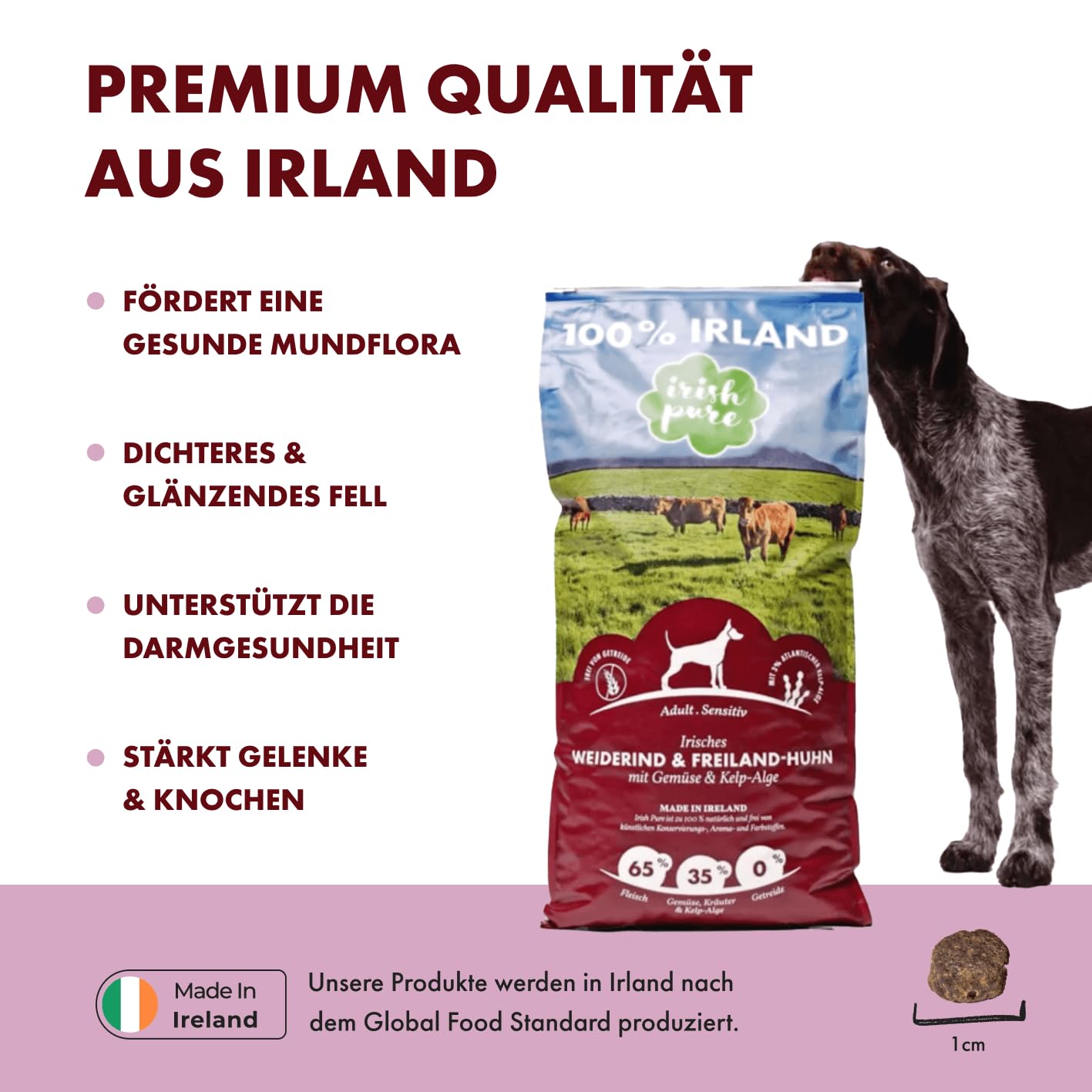 Irish Pure Trockenfutter Adult 12kg Weiderind & Freiland-Huhn mit Kelp-Alge Getreidefrei Sensitiv Hundetrockenfutter