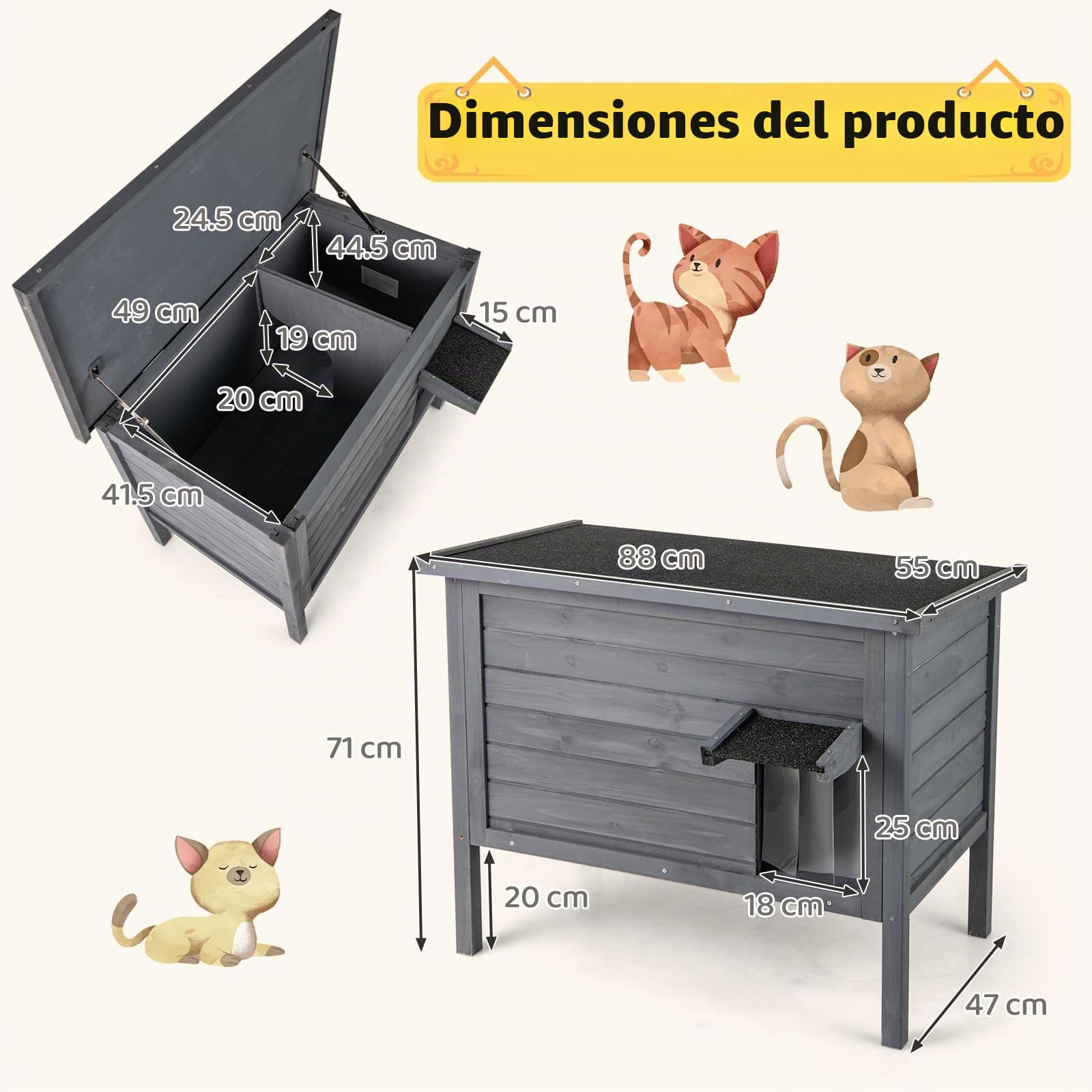 GYMAX Casa para Gatos de Exterior de Madera de Abeto de 88 x 55 x 71 cm, Caseta para Gatos Aislada con Techo Inclinado de Asfalto, Base Elevada y Pared Divisoria Extraíble (Gris)