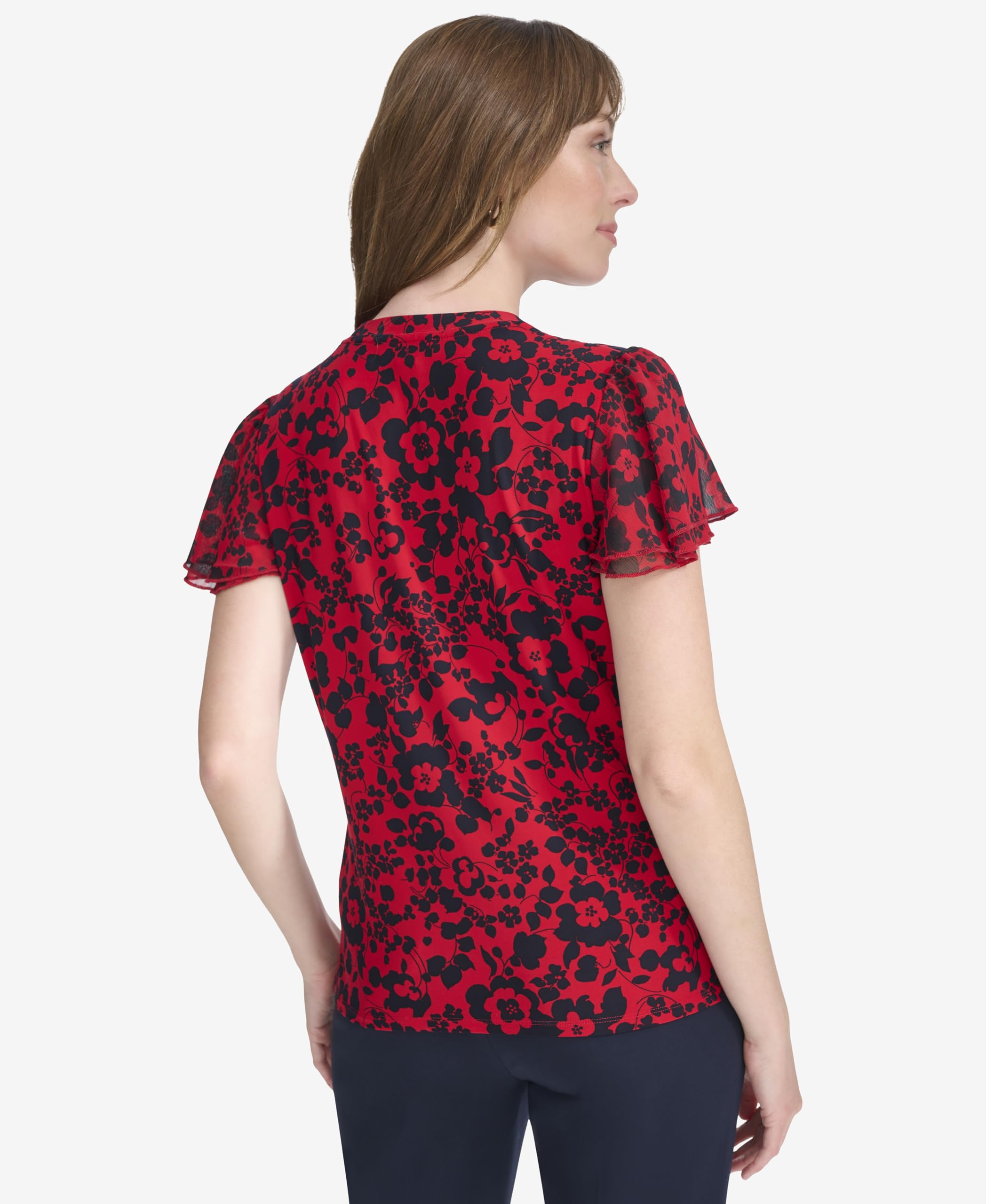 Tommy Hilfiger Damen Flutter Sleeve Floral Top Oberteil mit Flatterärmeln und Blumenmuster (1er Pack)