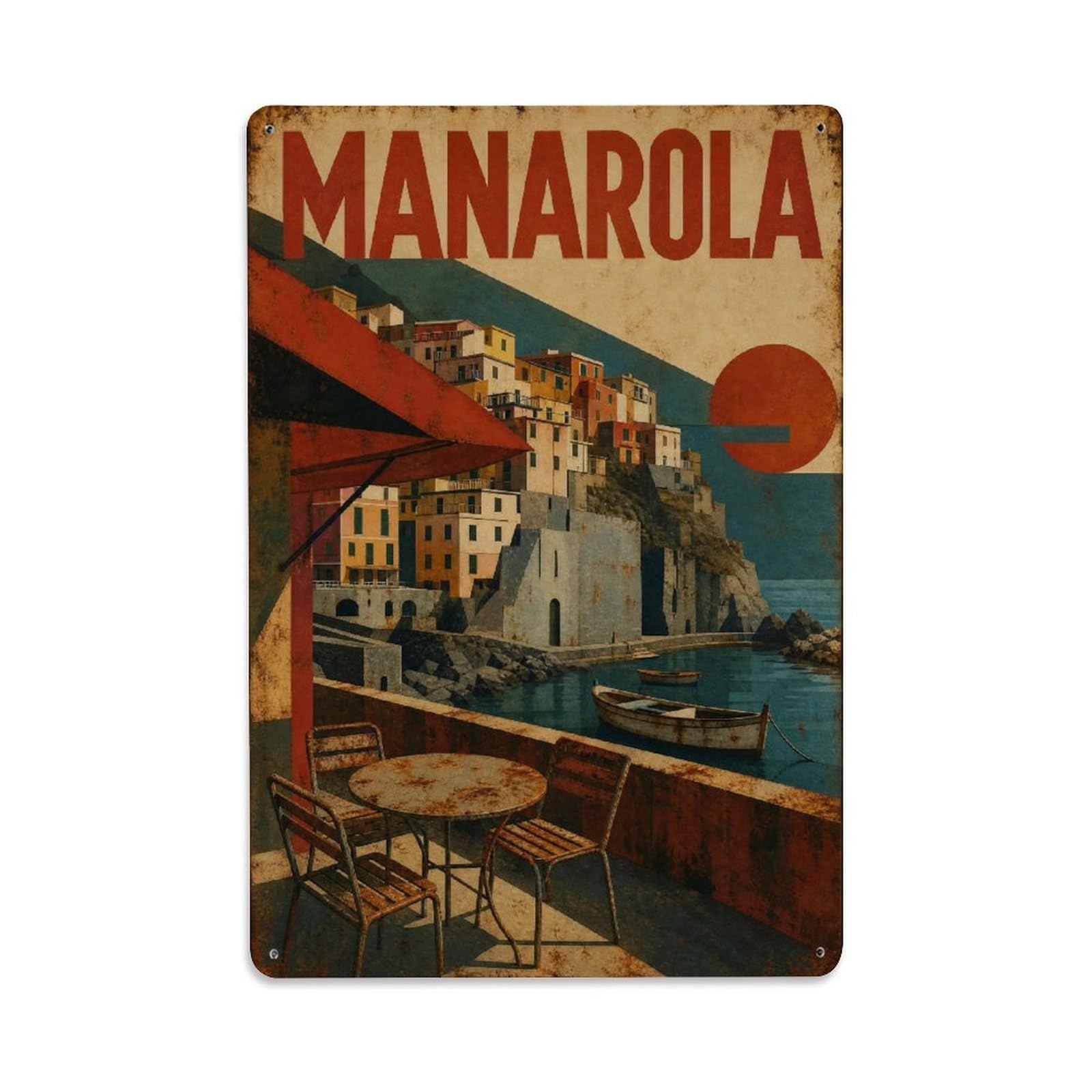 Huiyhb 8X12inch(20X30cm) Vintage Travel Manarola Cafe Terrace Outdoor Dining Italy Metal Tin Sign