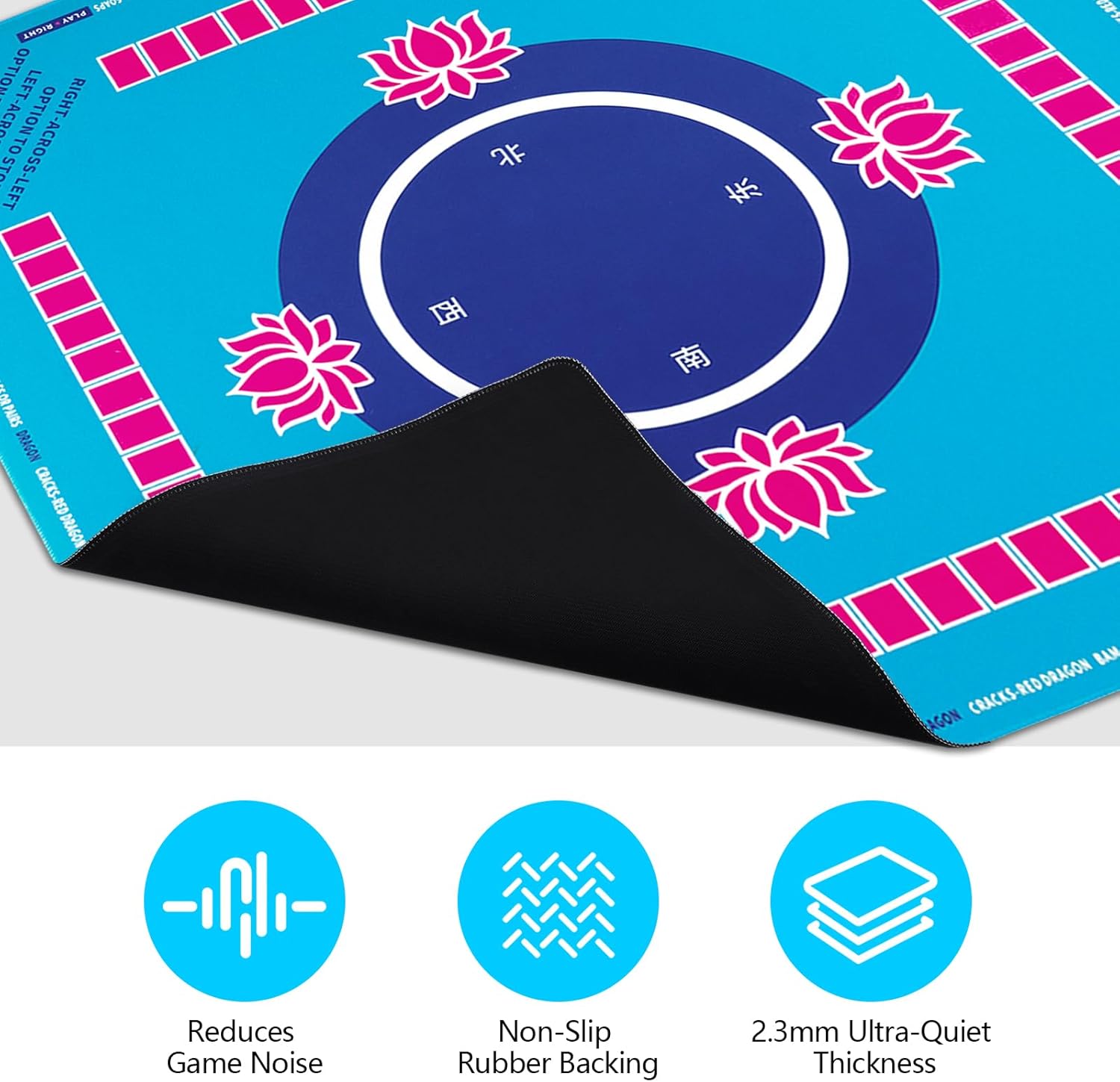 Mahjong Mat with Rules - Non-Slip Noise Reducing Mahjong Table Mat for Poker Card Board & Tile Games (31.5inx31.5in, Teal)
