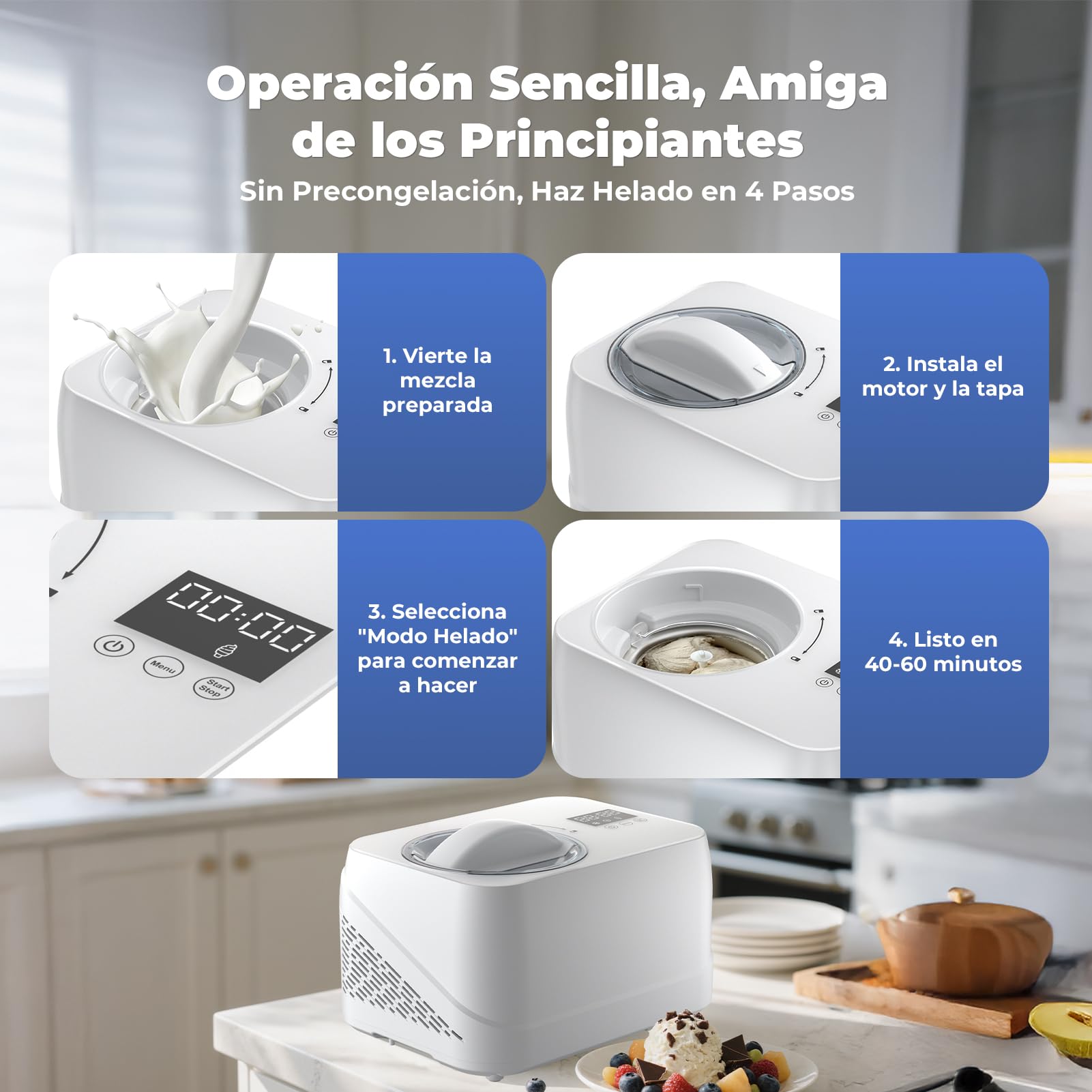 Heladera con Compresor, Maquina de Hacer Helados Doméstico Sin Precongelación 1L, Heladera Eléctrica con Cubo de Aluminio Extraíble/Receta/Espátula/Medidor, Blanco