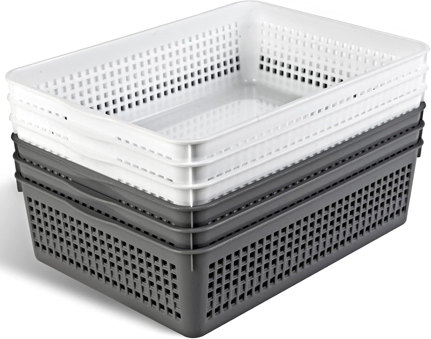 Eslite A4 Size Plastic Storage Basket,Desktop File Paper Letter Organizer Tray, 6-Packs (White+Grey)