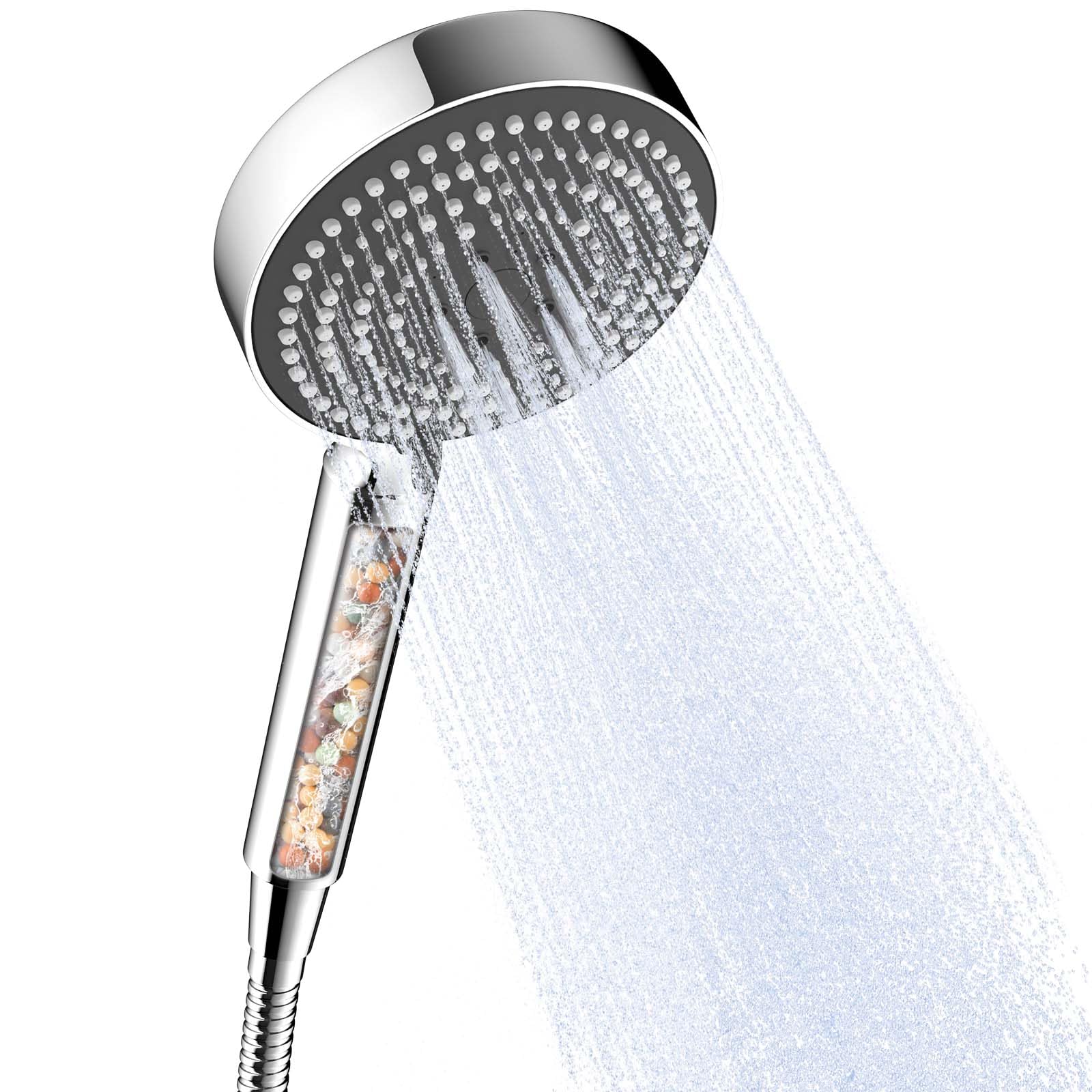 OFFO Duschkopf mit Schlauch 1,6m mit Verdrehschutz, Handbrause mit Filter 6 Strahlarten, Duschkopf Groß 13cm mit Filtration in 20 Schichten, Duschschlauch mit Duschkopf Kalkfilter, Chrom + Grau