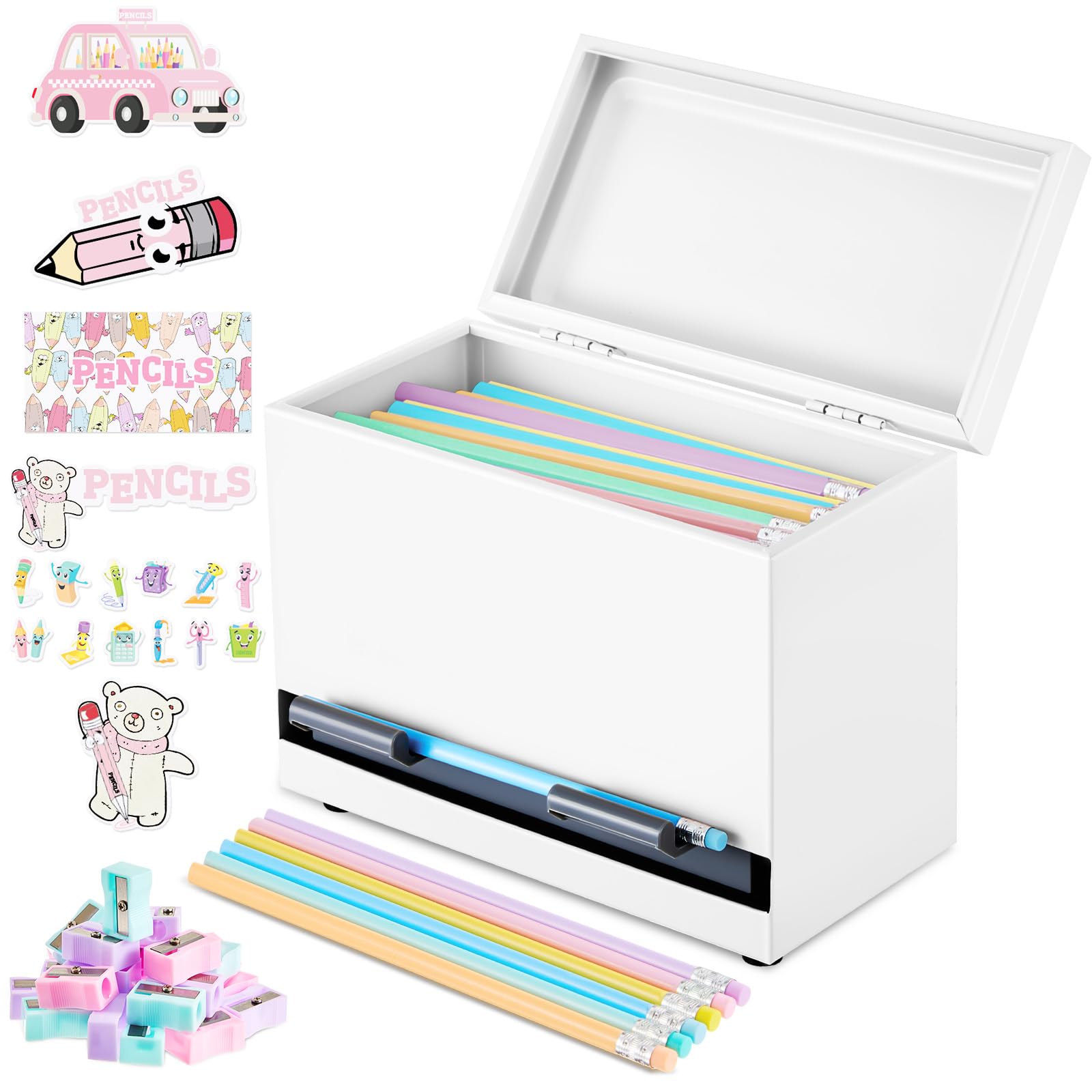 Ctosree Kit dispenser per matite in acciaio inox, 157 pezzi, con 50 matite, 50 temperamatite, 6 adesivi, portapenne in metallo fai da te, scuola e aula (bianco opaco)