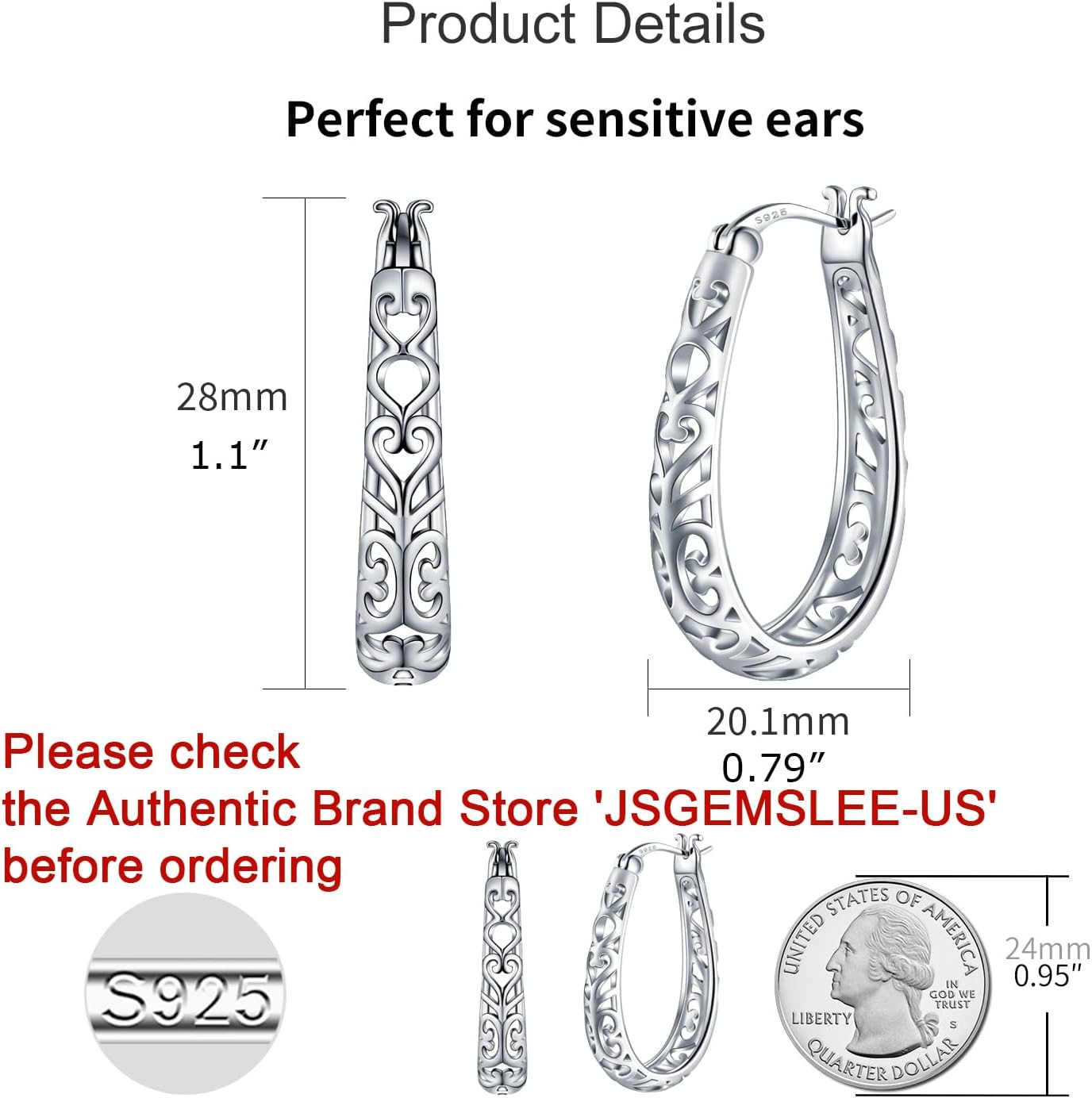 925 Sterling Silver Vintage Filigree Hoop Earrings Lightweight Oval Hoop Earrings for Women Hypoallergenic Earrings - Image 2