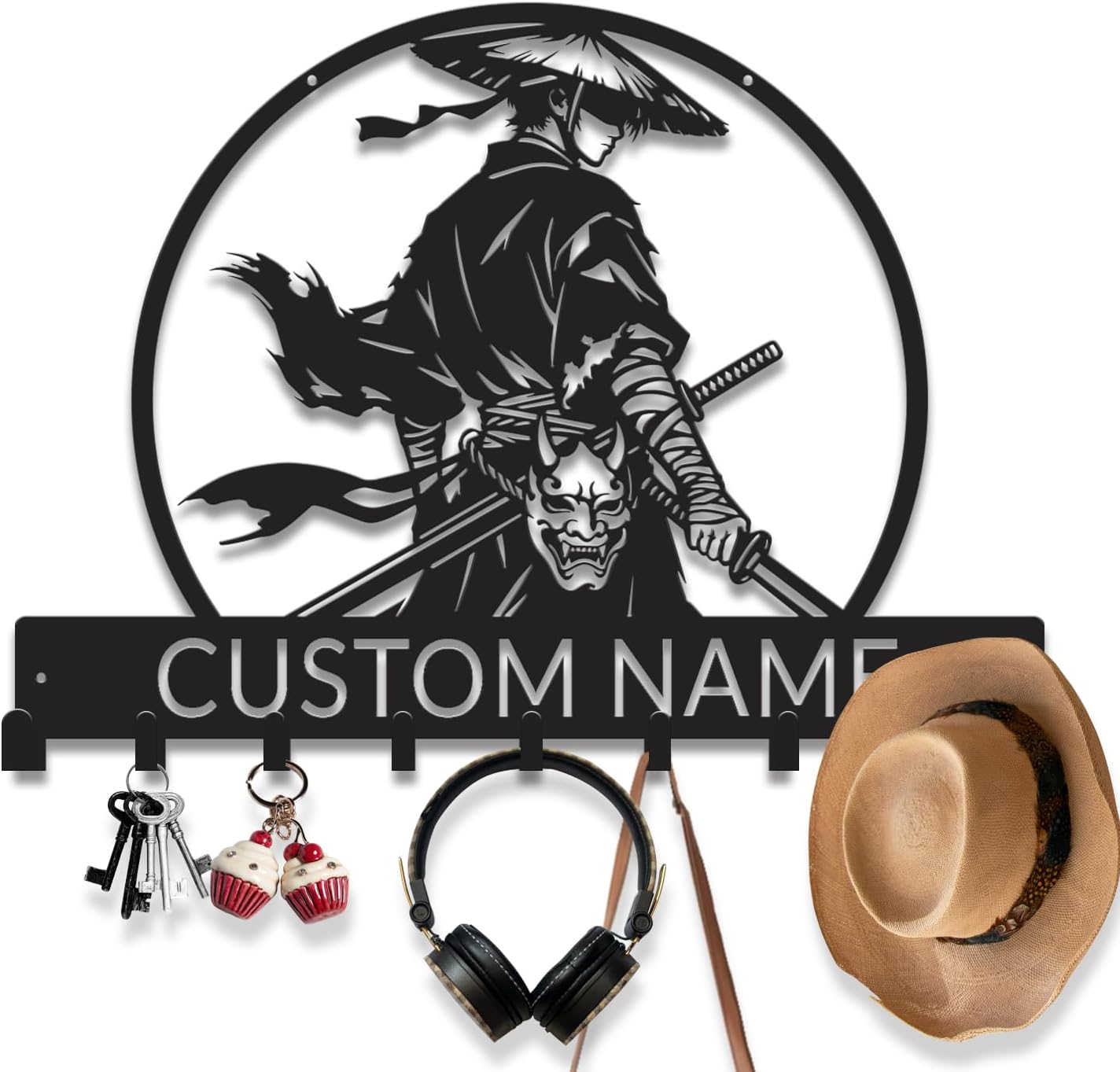 Custom Samurai Metal Key Holder, Personalized Japanese Warrior Name Sign with Key Hooks, Wall Mounted Key Hanger & Coat Rack for Entryway, Man Cave, Home Office, Martial Arts Dojo Decor (Style-1)