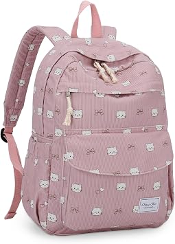 Chase Chic Corduroy Kids Backpack, Cute Aesthetic Plush Bookbag Casual Rucksack Daypack for School Toddler Girls Boys Pink Cat