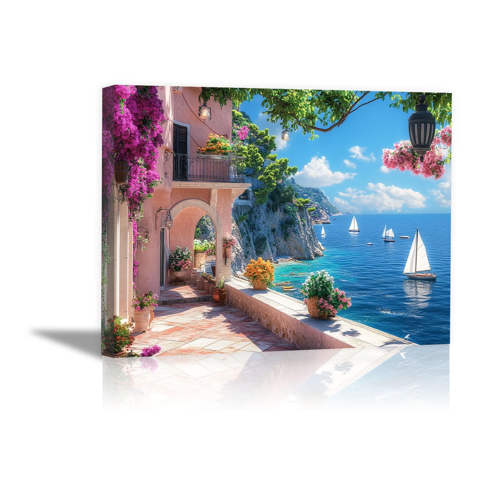 HUYEEI Long Canvas Wall Art, Seaside nature landscape painting canvas artwork for wall, Suitable for living room, bedroom, office, etc. - 50x70cm Framed(blue)