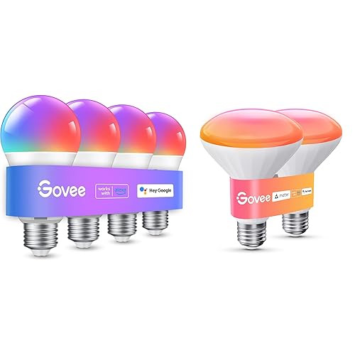Govee A19 Smart Light Bulbs H6008 800 Lumen 4 Pack Bundle with BR30 Light Bulbs H6013 850 Lumen 2 Pack