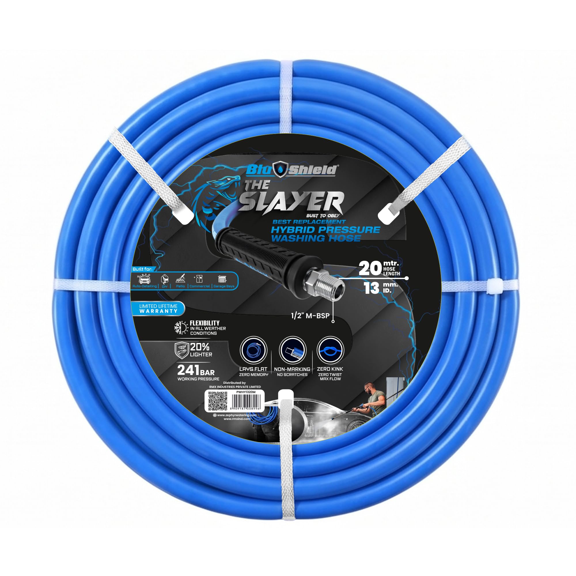 Blu Shield Slayer Hybrid Pressure Washing Pipe | 13mm × 20m (1/2" × 65') | 3500 PSI | Kink-Resistant, Lightweight | Fixed + Revolving Fitting | Car Wash, Driveway & Patio Cleaning Hose-picture-30