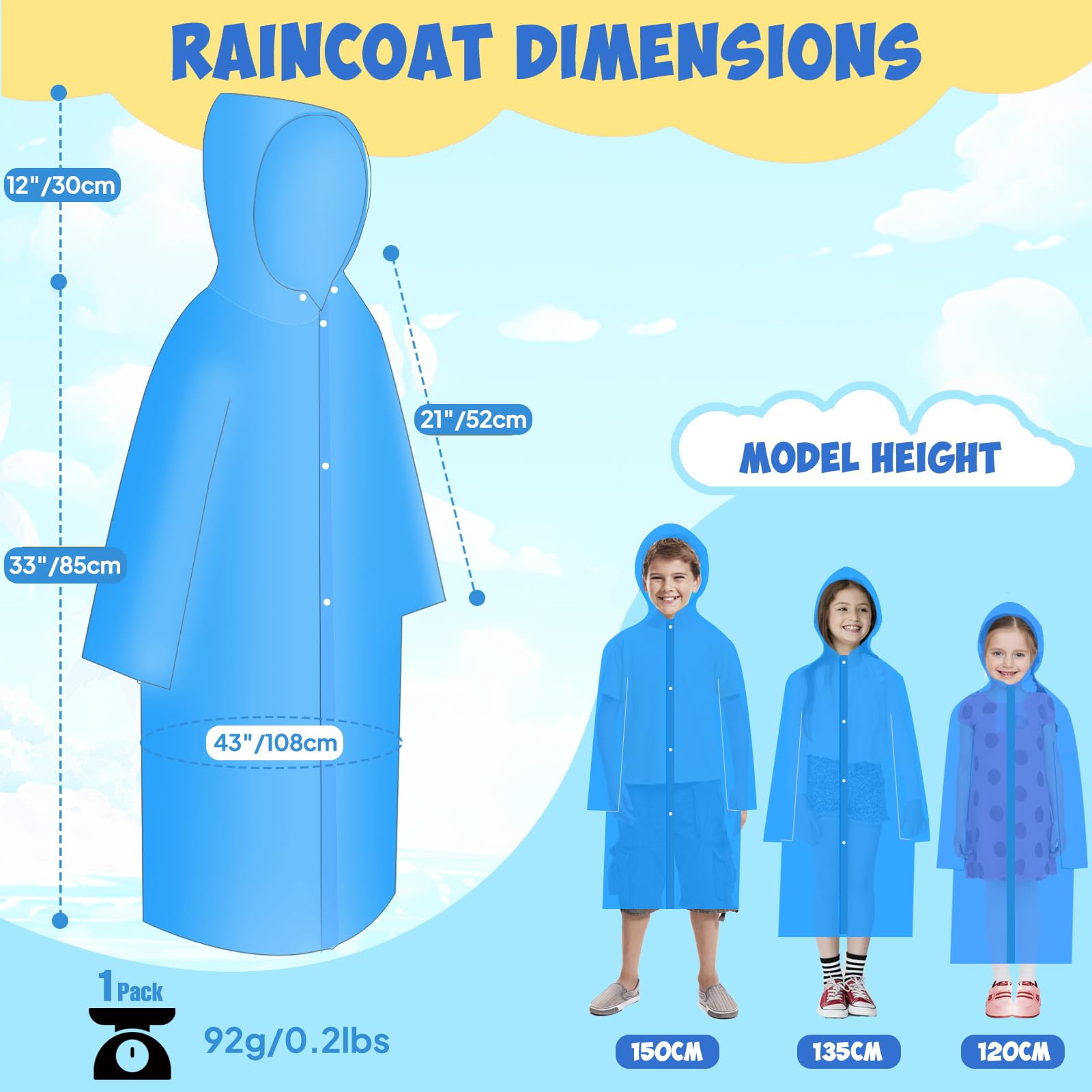 ANYOO Poncho de lluvia para niños con capucha, impermeable, ligero, reutilizable, para niños y niñas, para viajes de al aire libre, 110-150