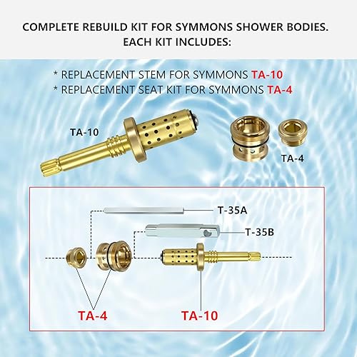 Miniatura 3 de Conjunto de husillo TA-10 y kit de asiento TA-4 para la serie de ducha Symmons Temptrol, latón pulido, montaje en pared, 20 pulgadas
