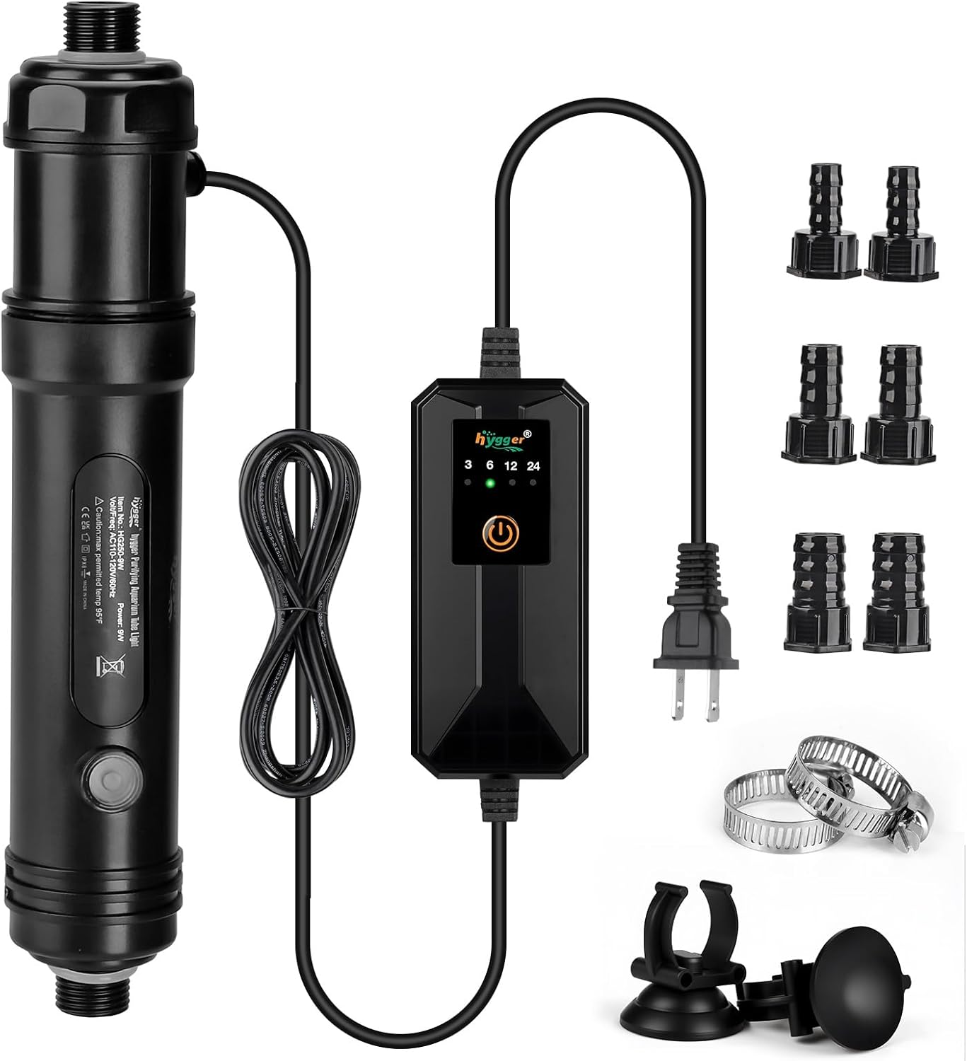 hygger Aquarium U-V Light with Timer, 360° Protective Shield Clean Light for Green Water Clean, Amphibian Aquarium Lamp Bulb for Freshwater Saltwater Fish Tank and Aquarium (9W, 60-100 Gallon)