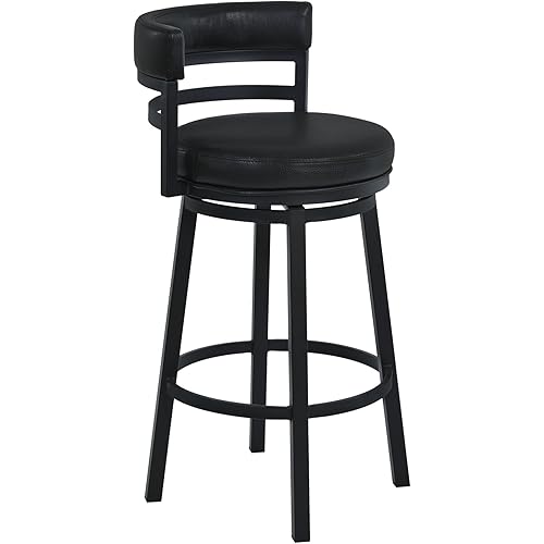 Armen Living Madrid 26" Seat Height Swivel Modern Ford Black Faux Leather and Black Finish Bar Stool for Kitchen Island Counter