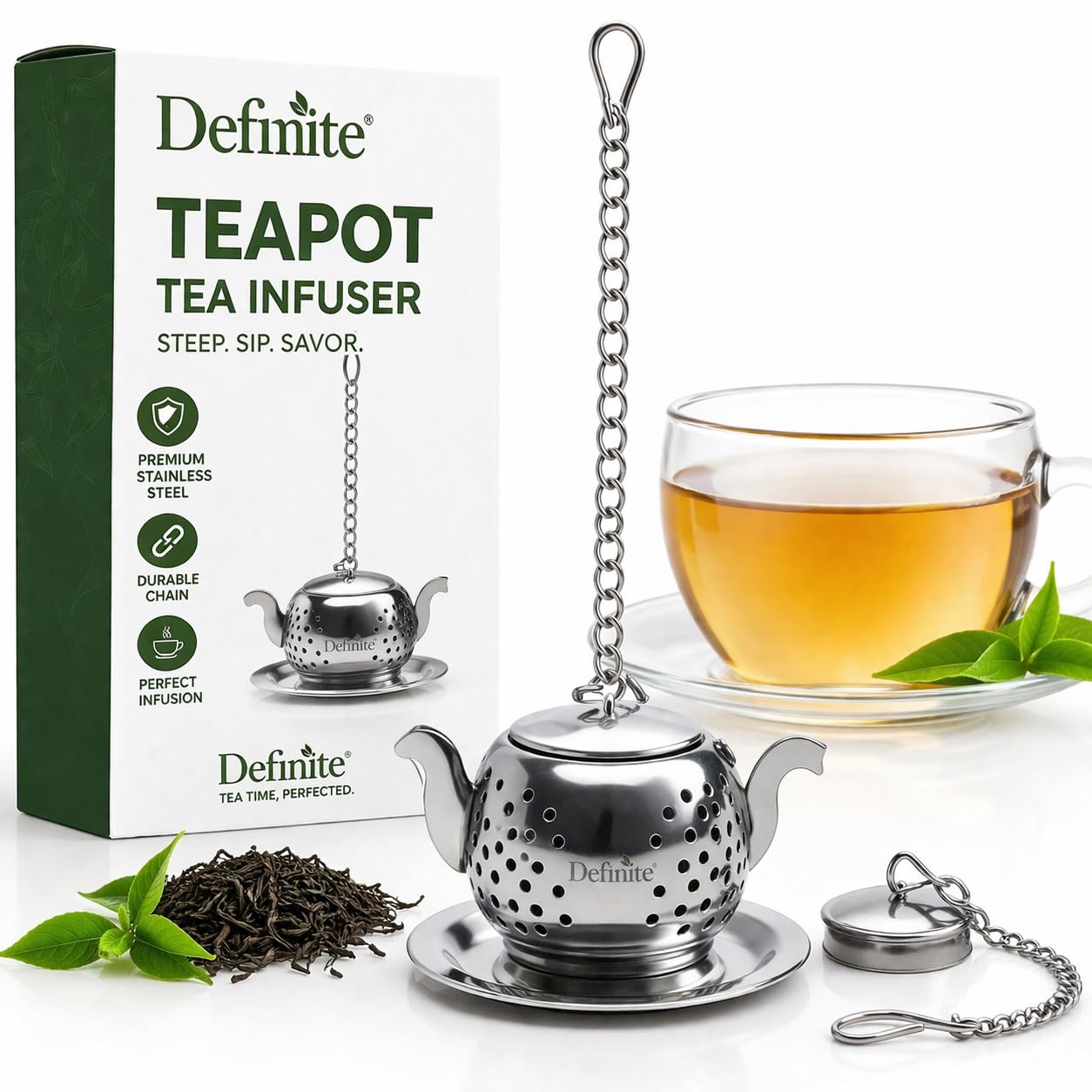 Definite Tea Infuser Stainless Steel Pot Kettle Style with Drip Plate for Tea Leaves Green Tea for Restaurants Offices Home Hotels (Size - 3CM)-image-9