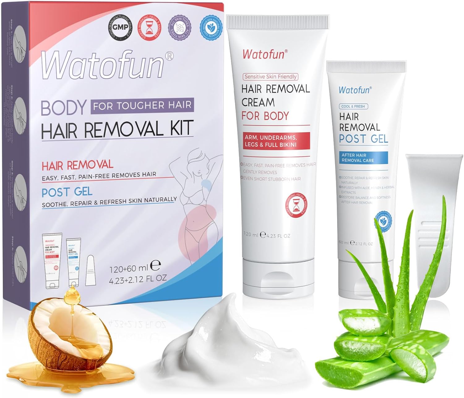 Watofun Body Hair Removal Cream for Women with Aloe Gel for Sensitive Skin, 5 Min Painless Depilatory Cream for Arms, Underarms, Legs, Chest& Bikini Line, hair remover for women 2-in-1 Kit, 6.35 Fl Oz