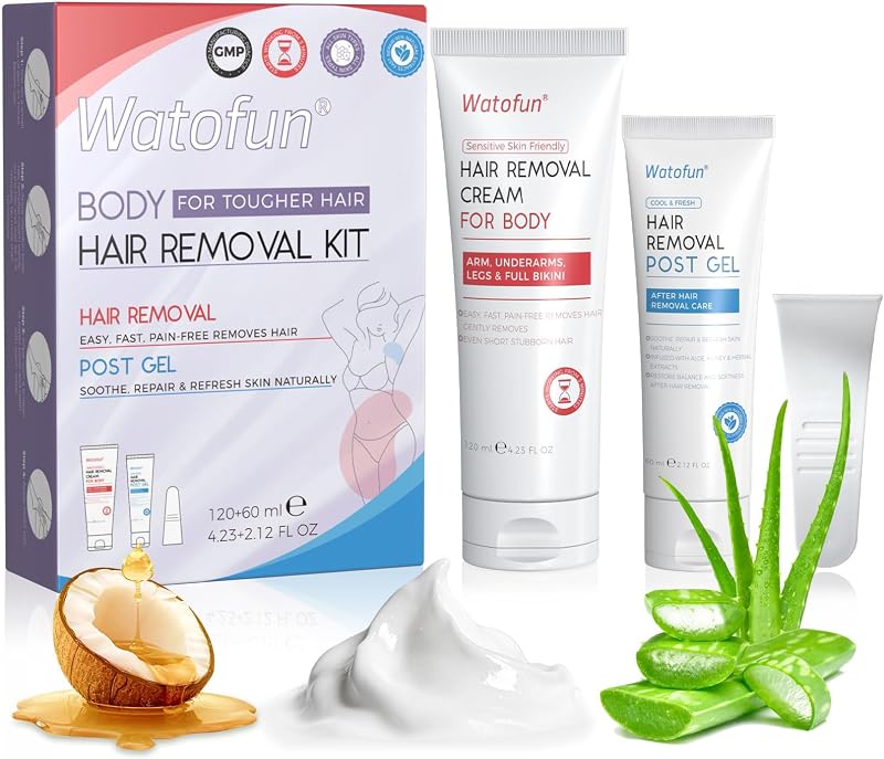 Crema Depilatoria Corporal para Pieles Sensibles Sin Dolor 5 Min Brazos Piernas Bikini | Crema depilatoria con gel de aloe para axilas y pecho para mujeres, kit 2 en 1 de 6,35 onzas líquidas, fórmula vegetal suave y calmante para la piel