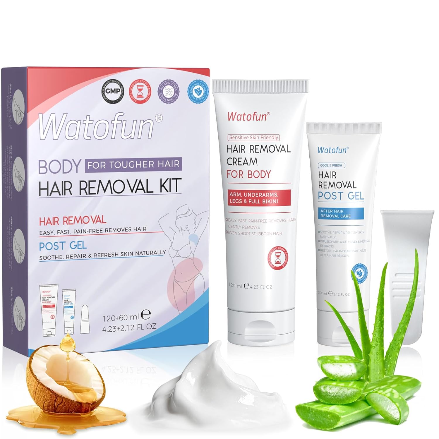 Watofun Body Hair Removal Cream for Women with Aloe Gel for Sensitive Skin, 5 Min Painless Depilatory Cream for Arms, Underarms, Legs, Chest& Bikini Line, hair remover for women 2-in-1 Kit, 6.35 Fl Oz
