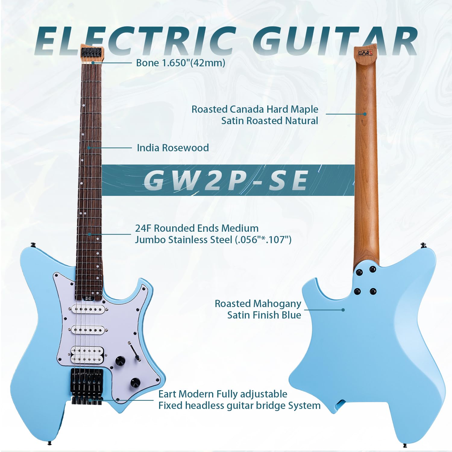 EART GW2P-SE Headless Electric Guitar, Solid Electric Guitar,Carbon-Roasted Hard Maple Neck Fully Adjustable Bridge, Satin Finish