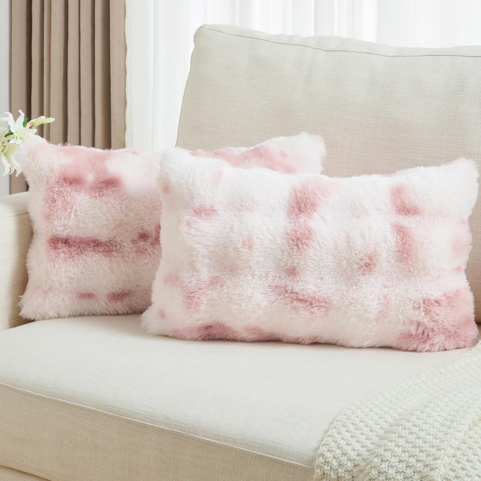 FUTEI Set of 2 Fluffy Faux Rabbit Fur Cushion Covers 30 x 50 cm,Pink White