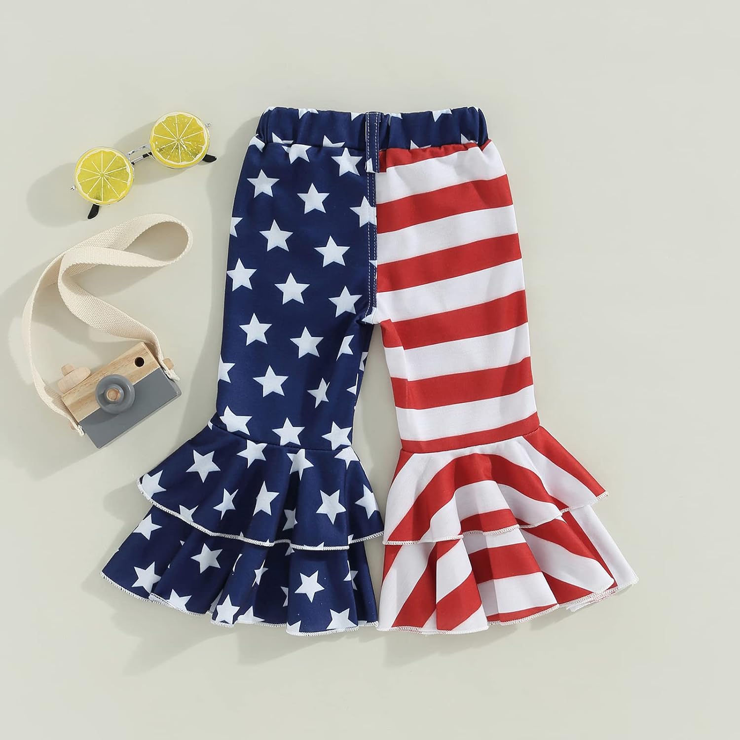 FIOMVA Toddler Baby Girls 4th of July Flare Pants Stipred Star Jeans Ruffle Wide Leg Legging Trousers High Waist Bell Bottoms(A-Double Layered Star Striped,1-2T)