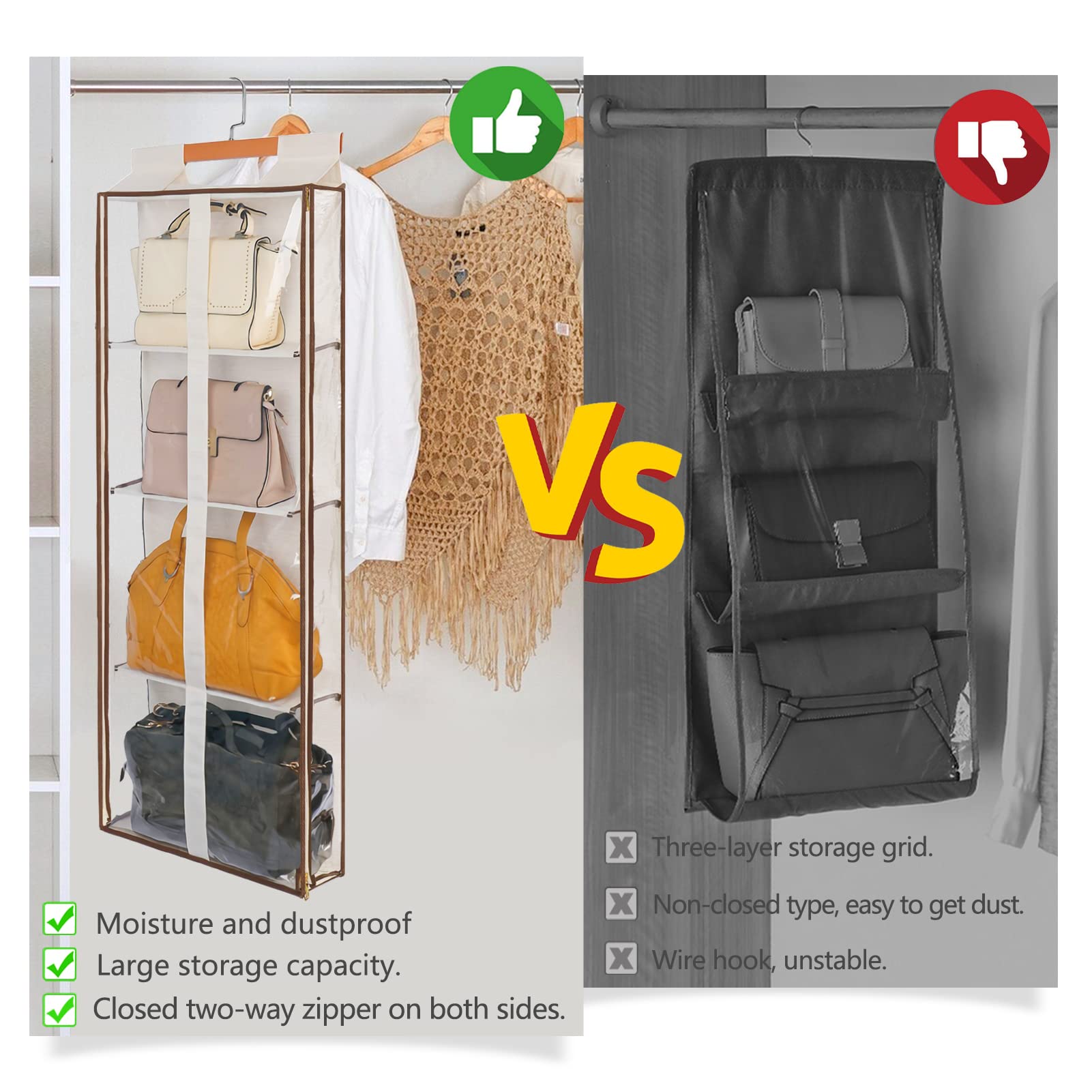 Syeeiex Dustproof Hanging Handbag Organiser With Zip, 4 Clear Pockets Purse Organizer Space