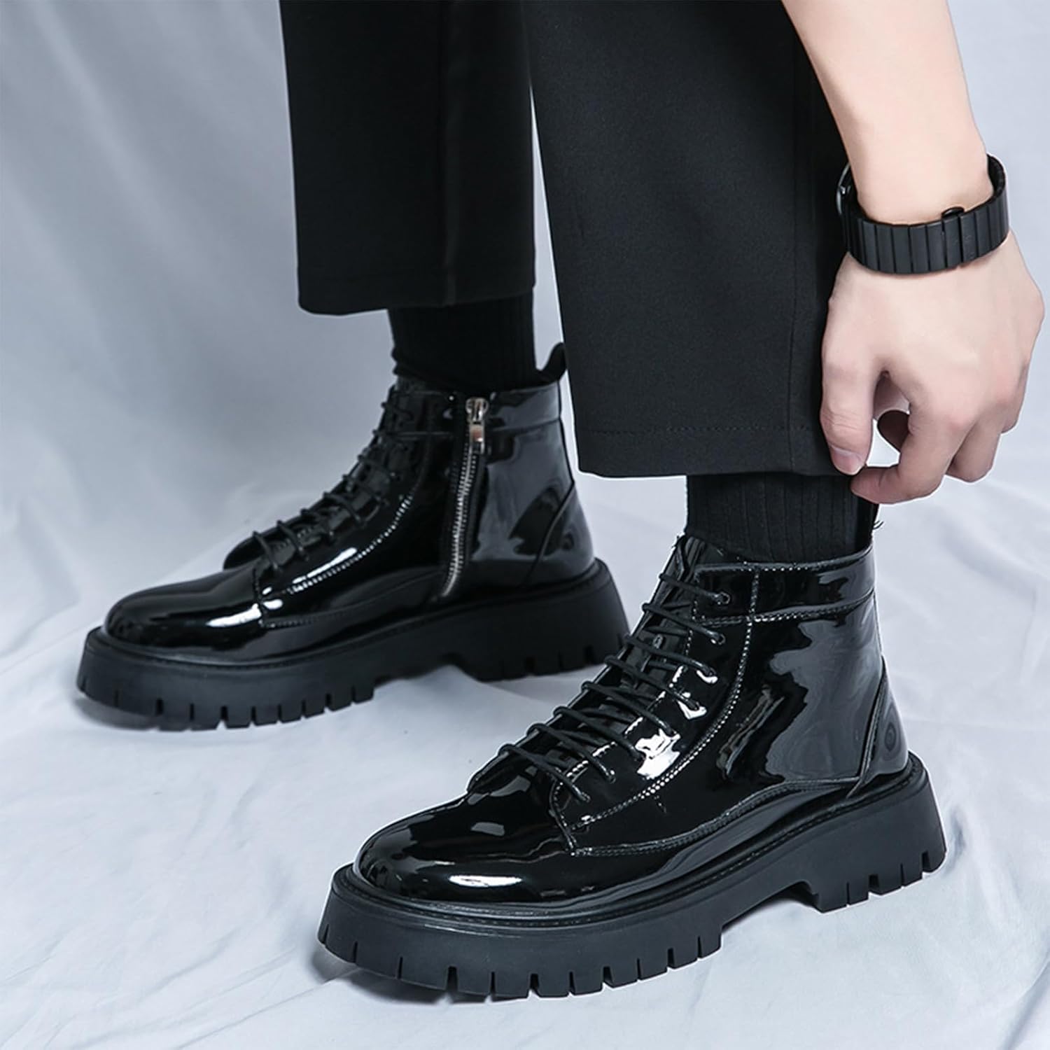 Black Short Boots For Men Platform Patent Leather Side-Zip Combat Ankle Boots Comfy Lace-Up Round Toe Non-Slip Army Uniform Short Boots - Image 2