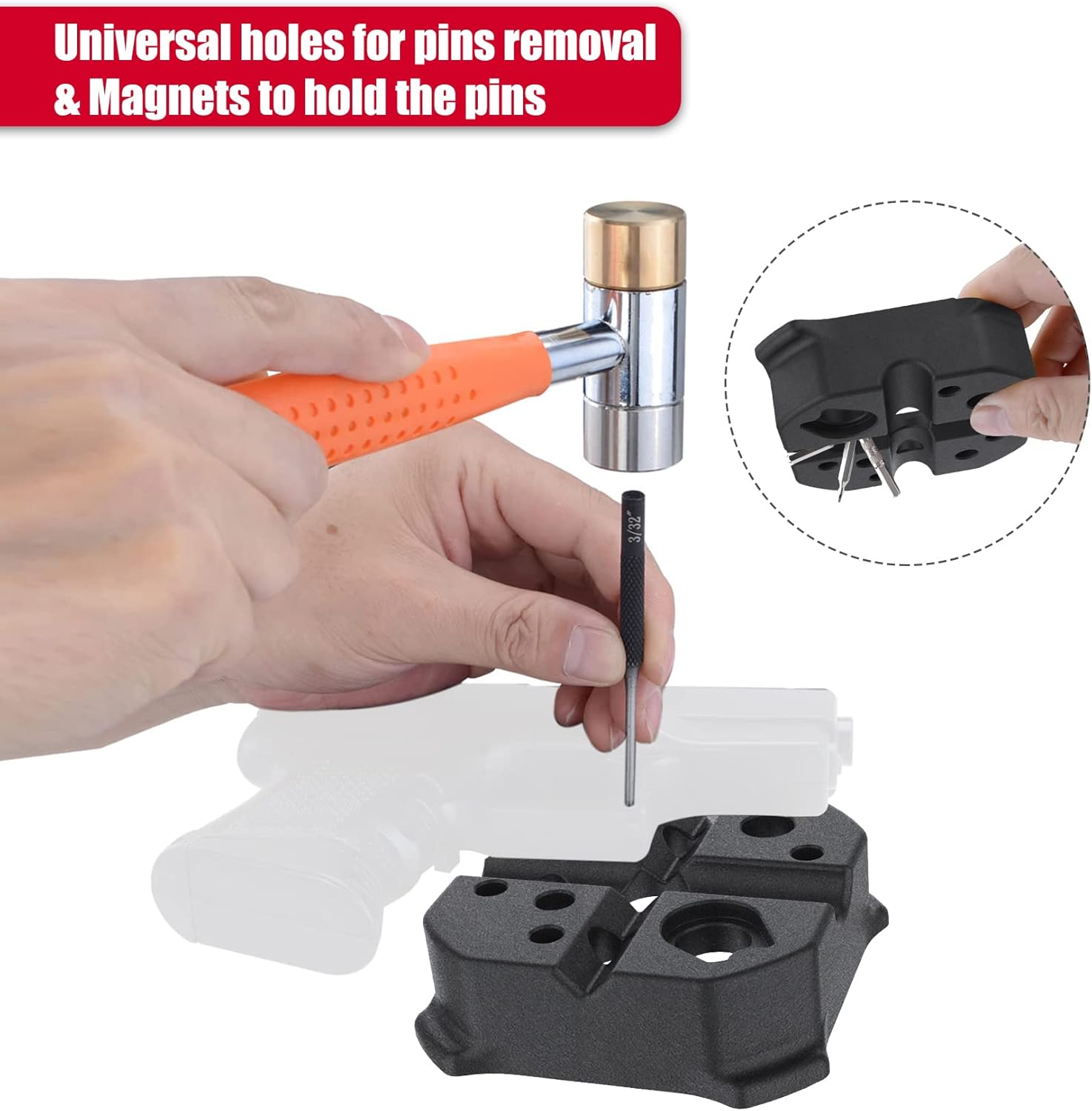 Pridefend Punch Set, Punch Set In Storage Case,Made of Solid Material,Roll Pin Punch Set with 4 Interchangeable Hammer Heads (With Bench Block)