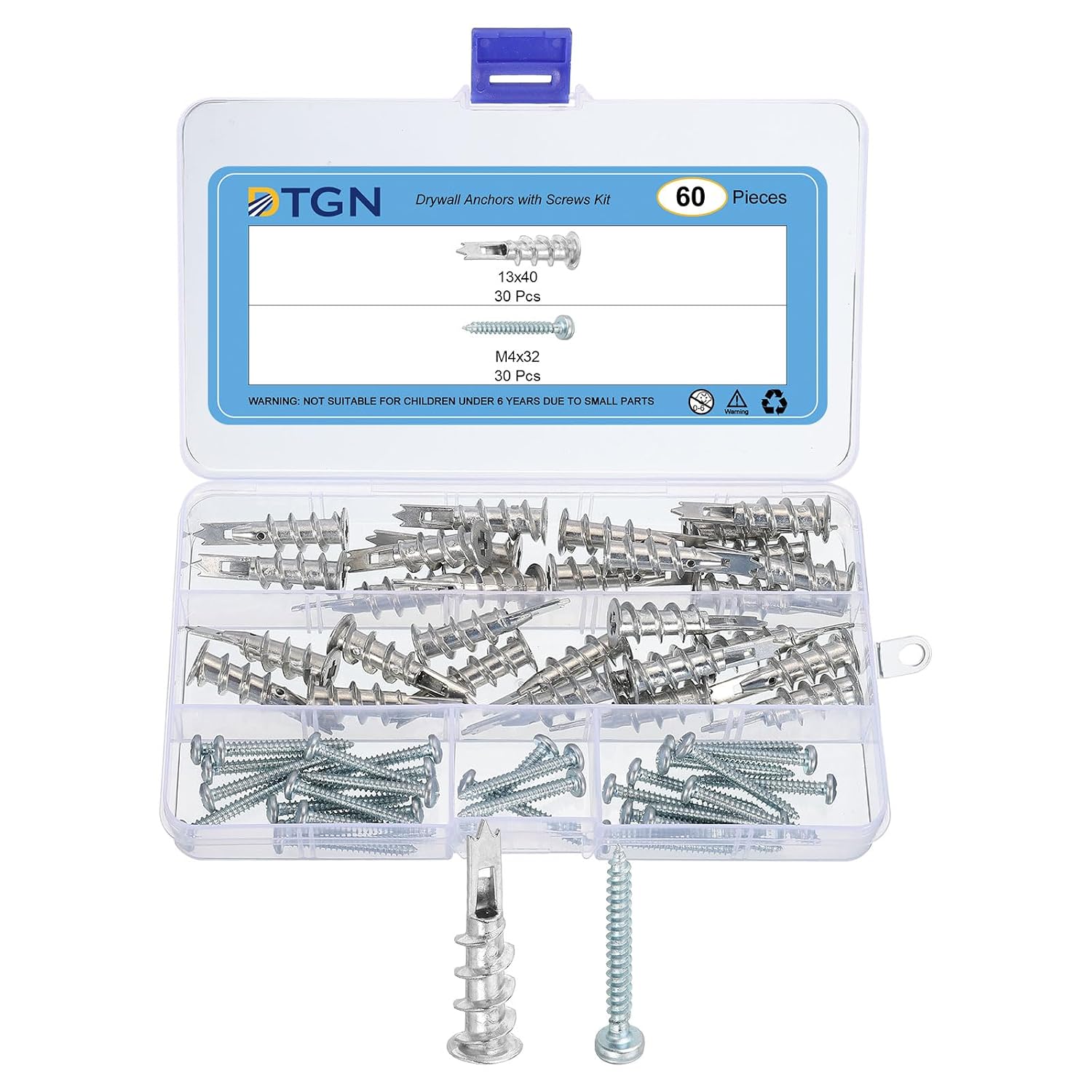 DTGN 13x42mm Self-Drilling Drywall Anchors with Screws Kit - 60 Set - Good for Concrete Tile Cement - Zinc Alloy Hollow Wall Anchors Kit with Screws