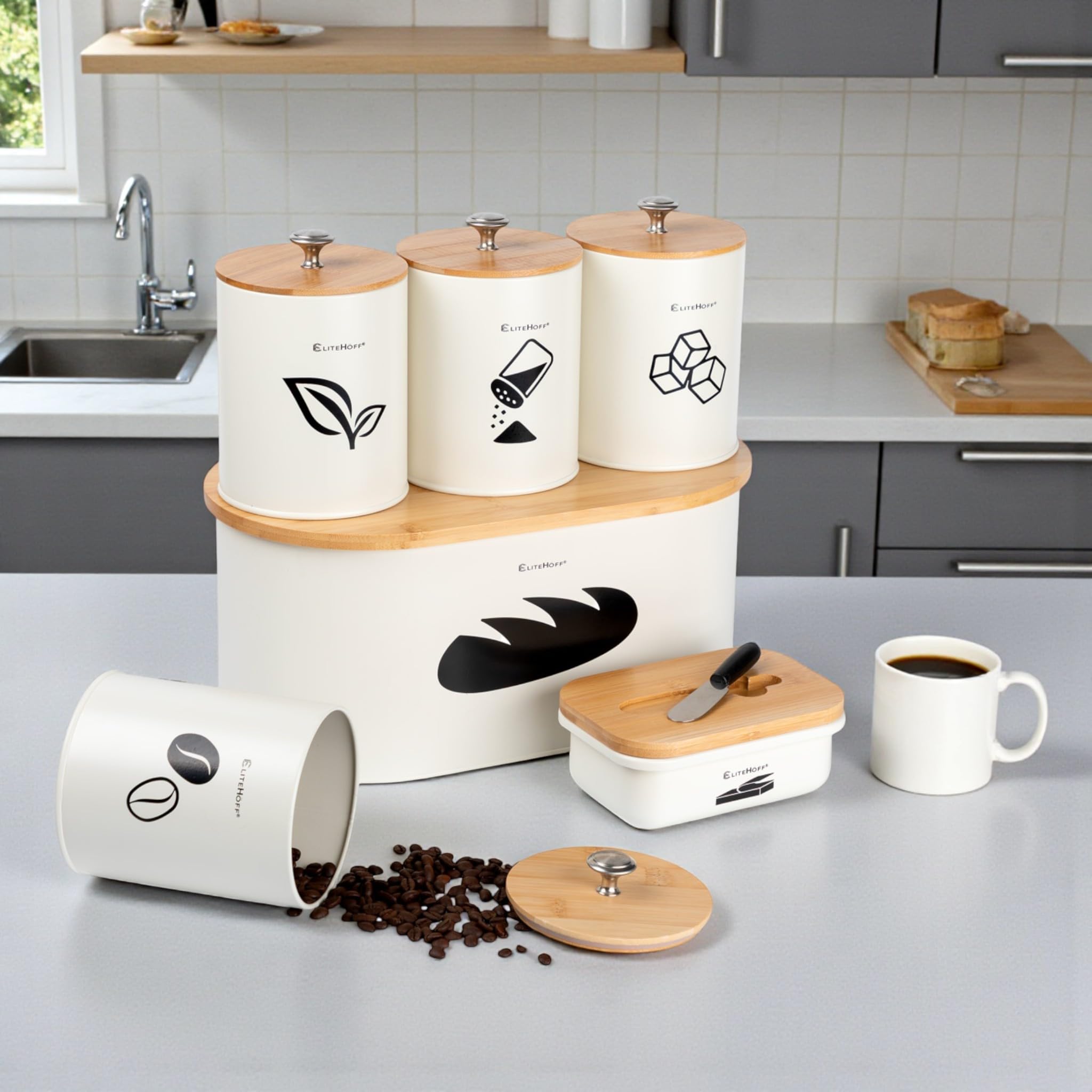 EliteHoff Brotkasten mit Schneidebrett + Vorratsdosen 4er Set (Kaffeedose Teedose Zuckerdose Salzdose) und Butterdose mit Messer - Brotbox aus Metall mit Bambusdeckel, 34x18x16 cm (Beige)
