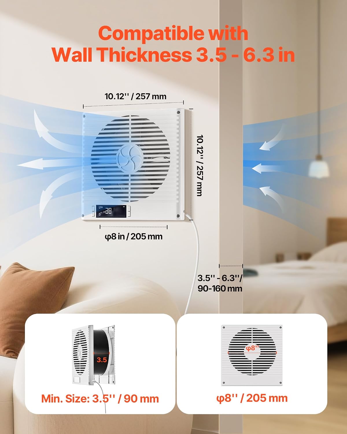 VEVOR Room to Room Fan, Two-Way Airflow Through-the-Wall Fan 8" with Remote, Temperature Control, 305 CFM 10-Speed Ventilation Quiet Vent for Bathroom, Laundry Room and Indoor