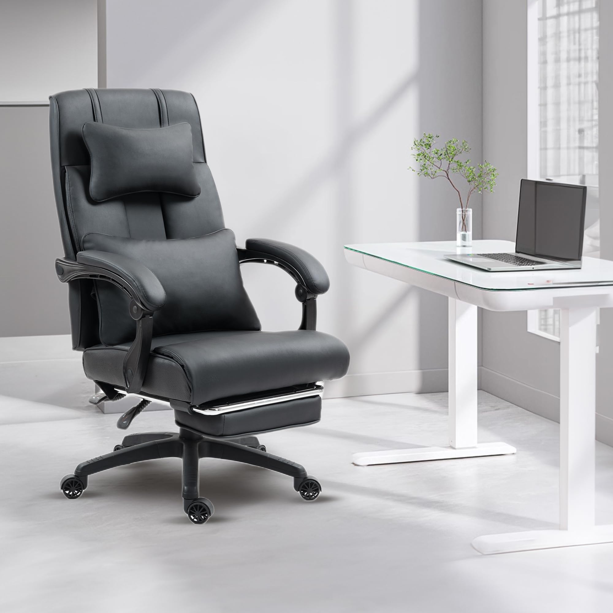 Dowinx Sedia direzionale ergonomica con poggiapiedi, vertebre lombare e poggiatesta regolabili, sedia da ufficio, sedia girevole per computer con schienale alto, 150 kg (nero)