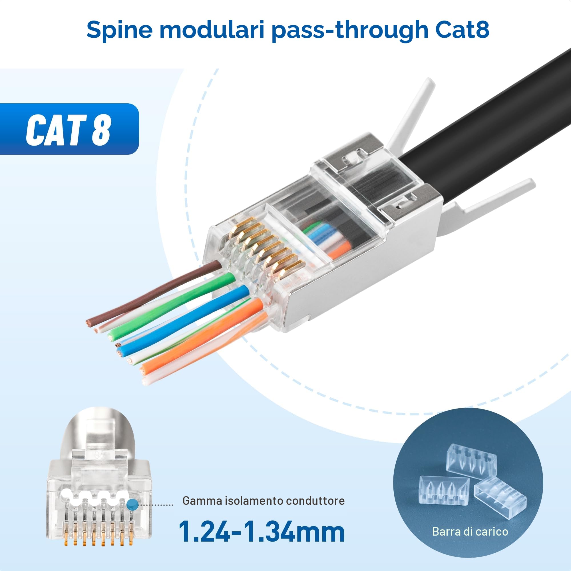 Cable Matters Confezione da 20 connettori passanti schermati RJ45 Cat8 Cat7 Cat6 23-24AWG con fermacavo per cavi Ethernet solidi o intrecciati (connettori passanti RJ45 Cat8/connettori passanti Cat 8)