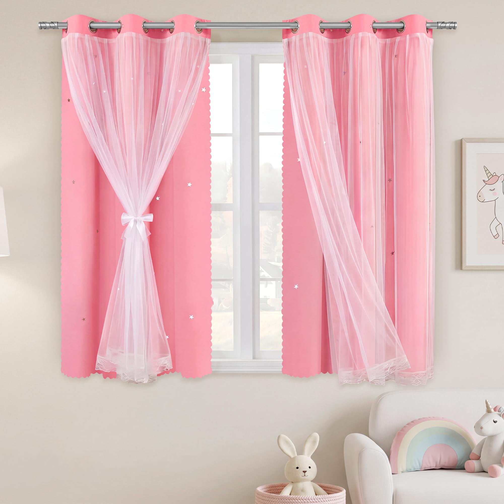 XiDi Pink Curtains for Girls Bedroom Double Layer Blackout Curtains Grommets Top Star Cutout Small Window Drapes with Sheer for Living Room Kids Nursery 2 Panels 42x63 Inch Length